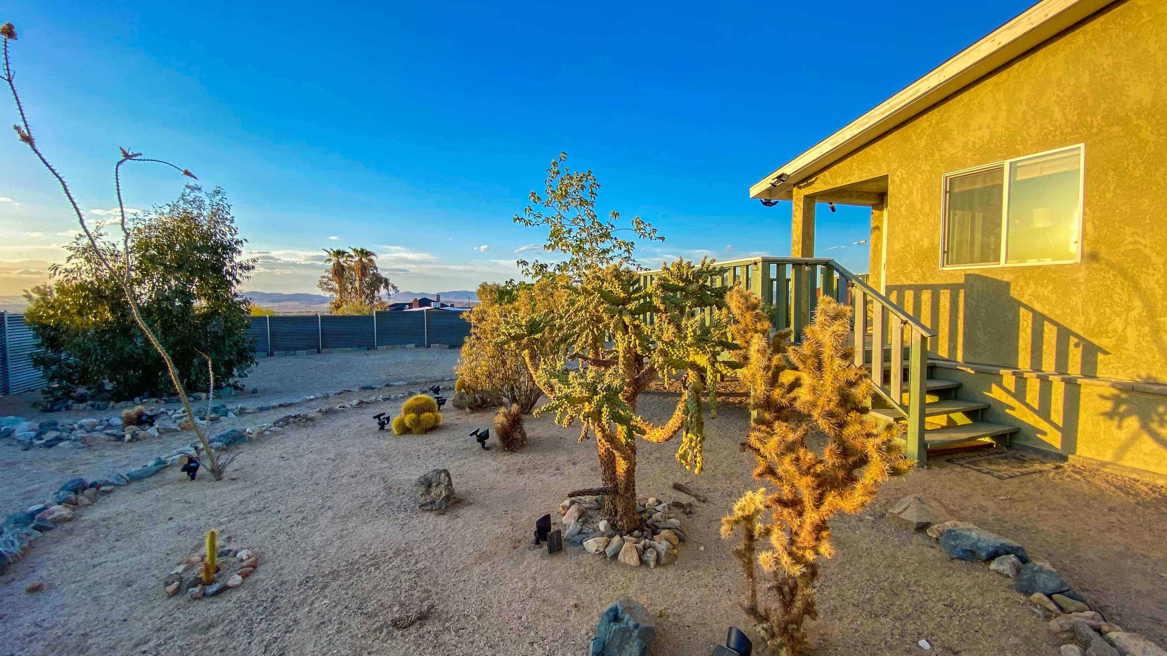 A yellow house with a porch is surrounded by desert landscaping featuring cacti and rocky decor under a clear blue sky.