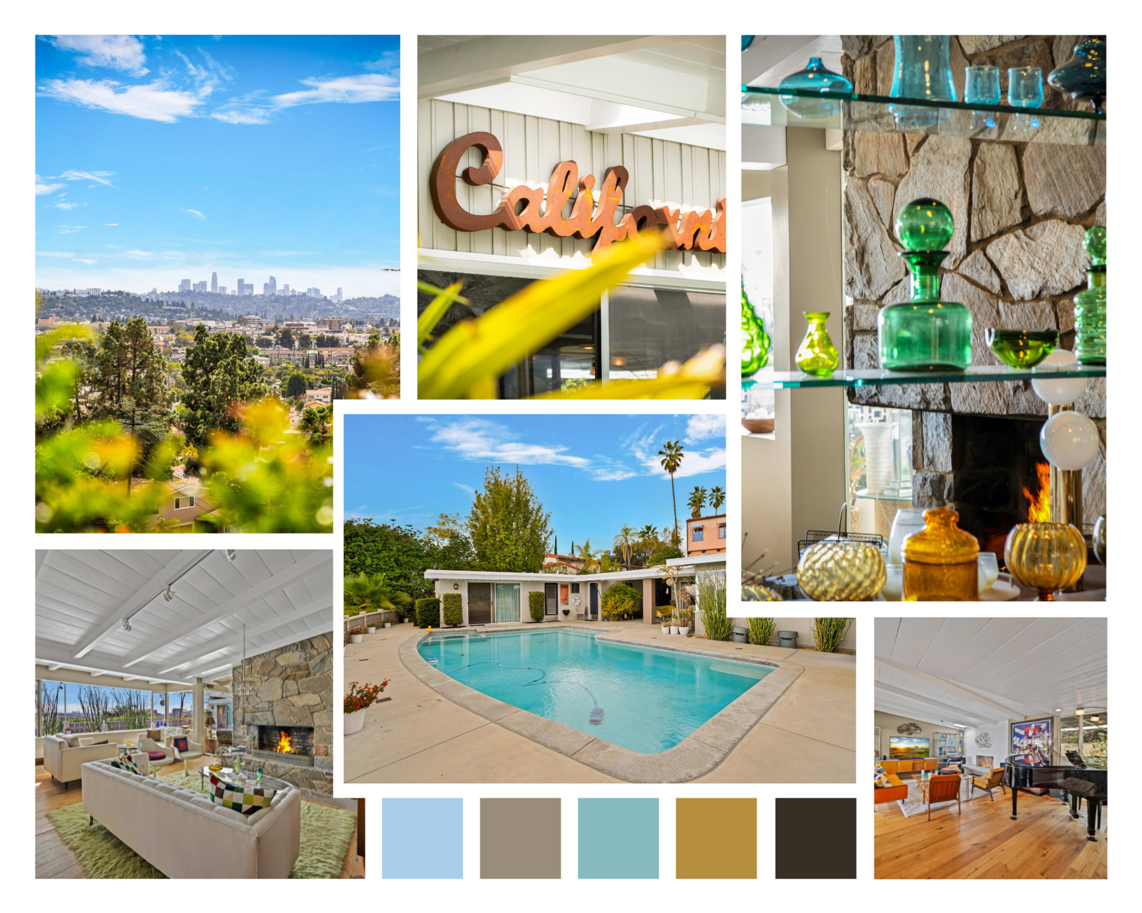 The image collage features a variety of scenes including a panoramic view of the Los Angeles skyline, the word "California" in a vintage font, glass decor arranged on shelves, a swimming pool surrounded by greenery, and a spacious interior with a stone fireplace.