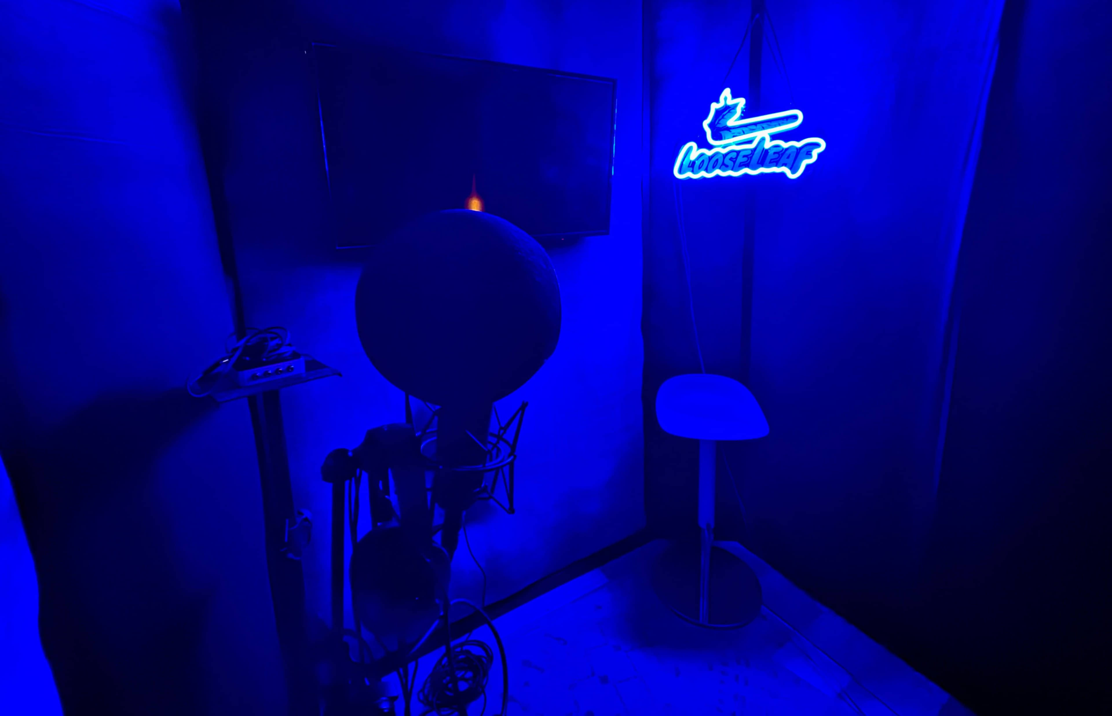 The image shows a dimly lit recording booth with a microphone and a neon "Looseth" sign glowing blue on the wall.