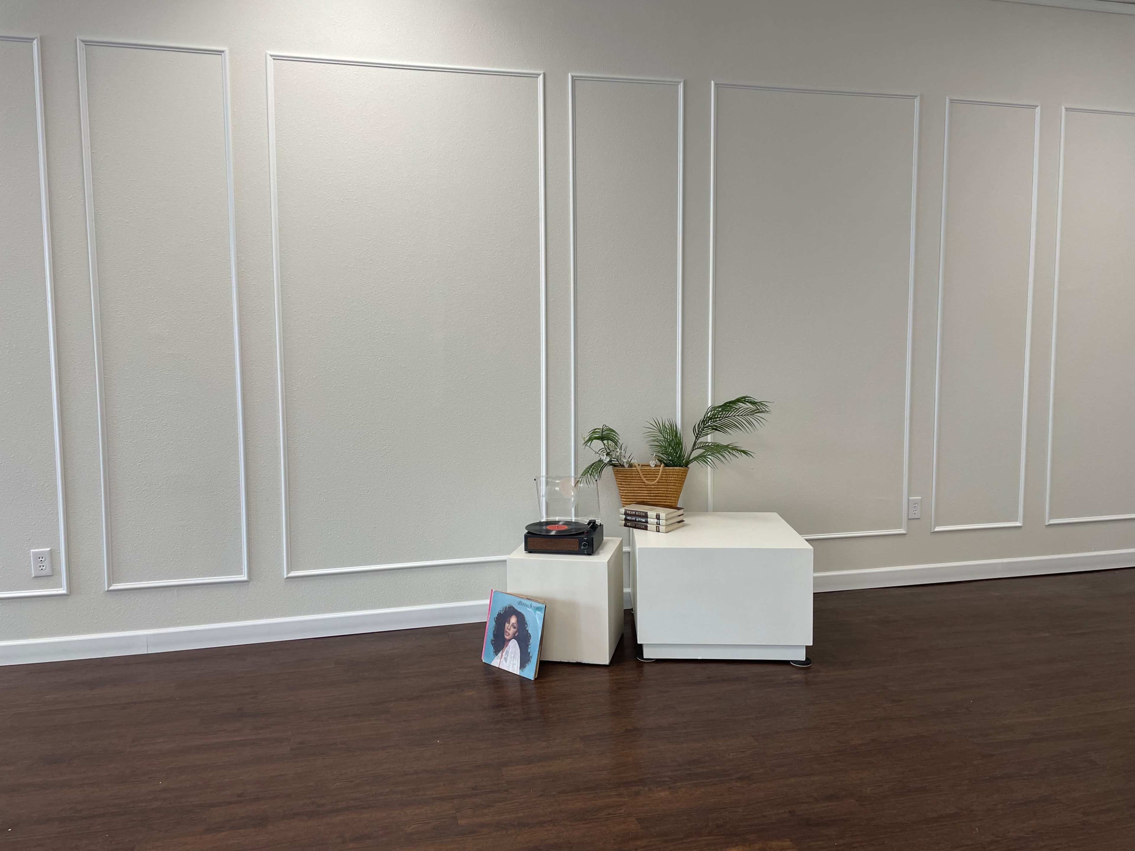 A white cabinet and a turntable sit beside a potted plant against a plain wall in a spacious room with wooden flooring.