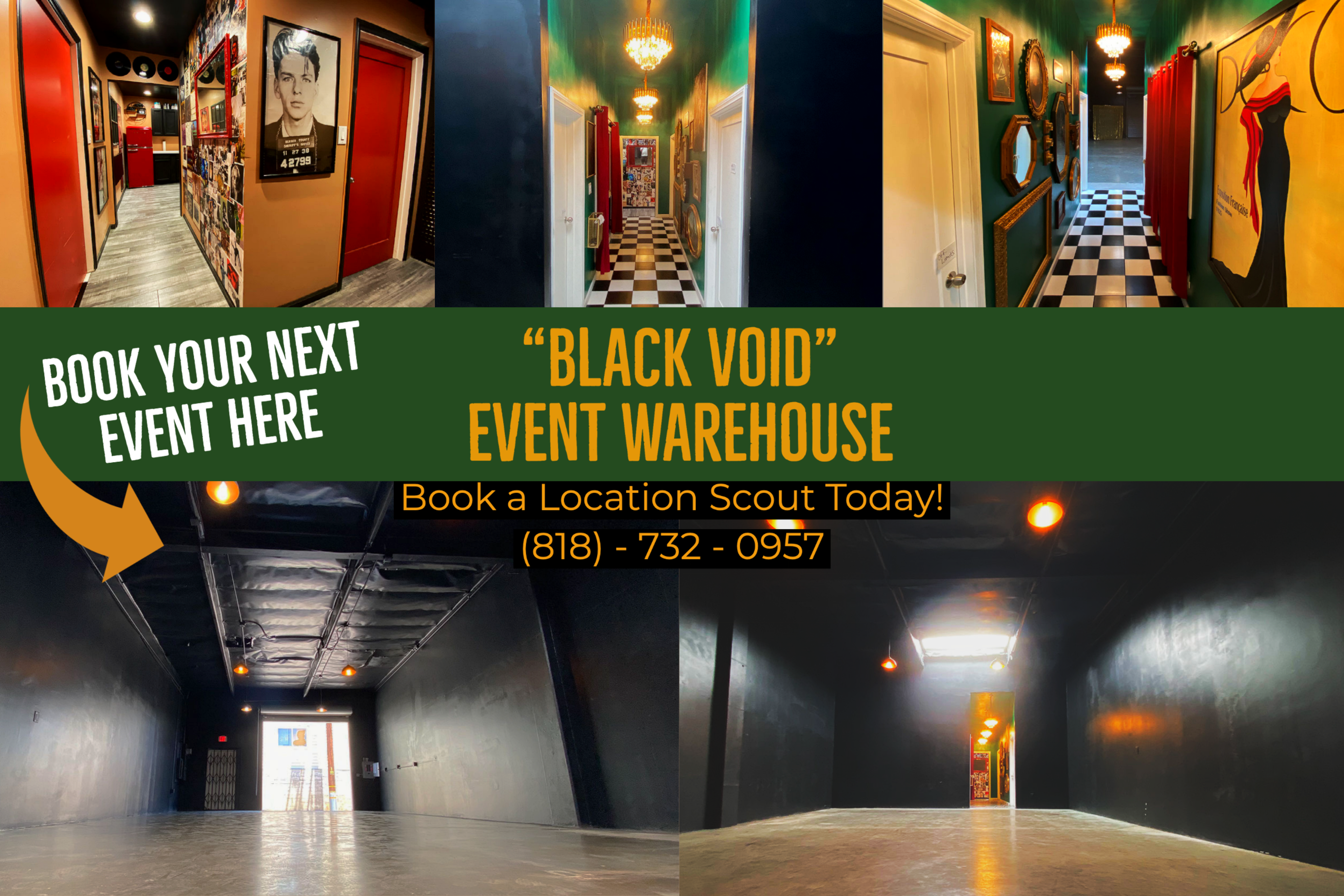The image showcases various angles of the "Black Void" event warehouse, featuring vibrant walls, a checkered floor, and multiple doorways.