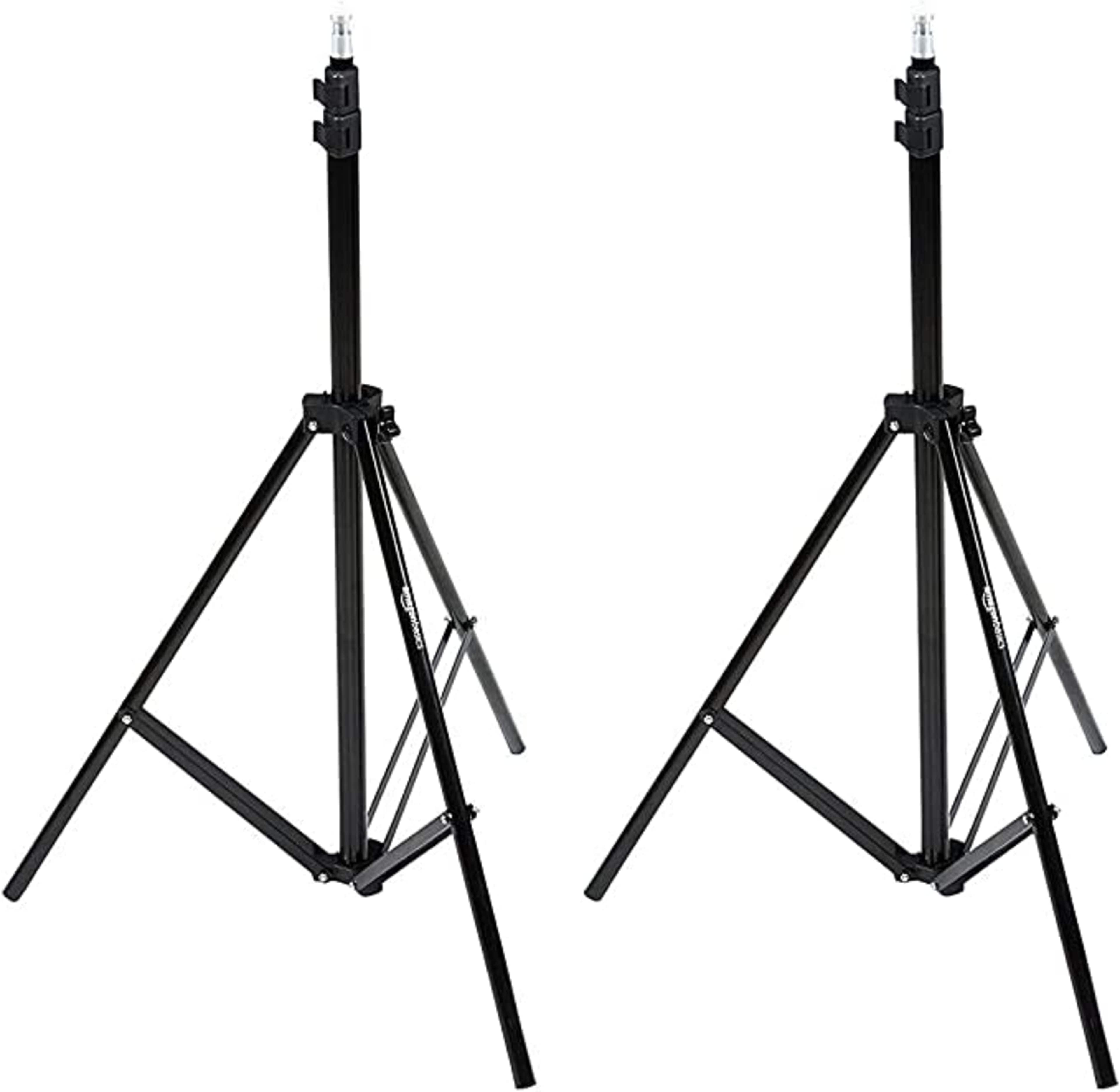 Two adjustable black light stands are positioned upright, featuring three supporting legs each.