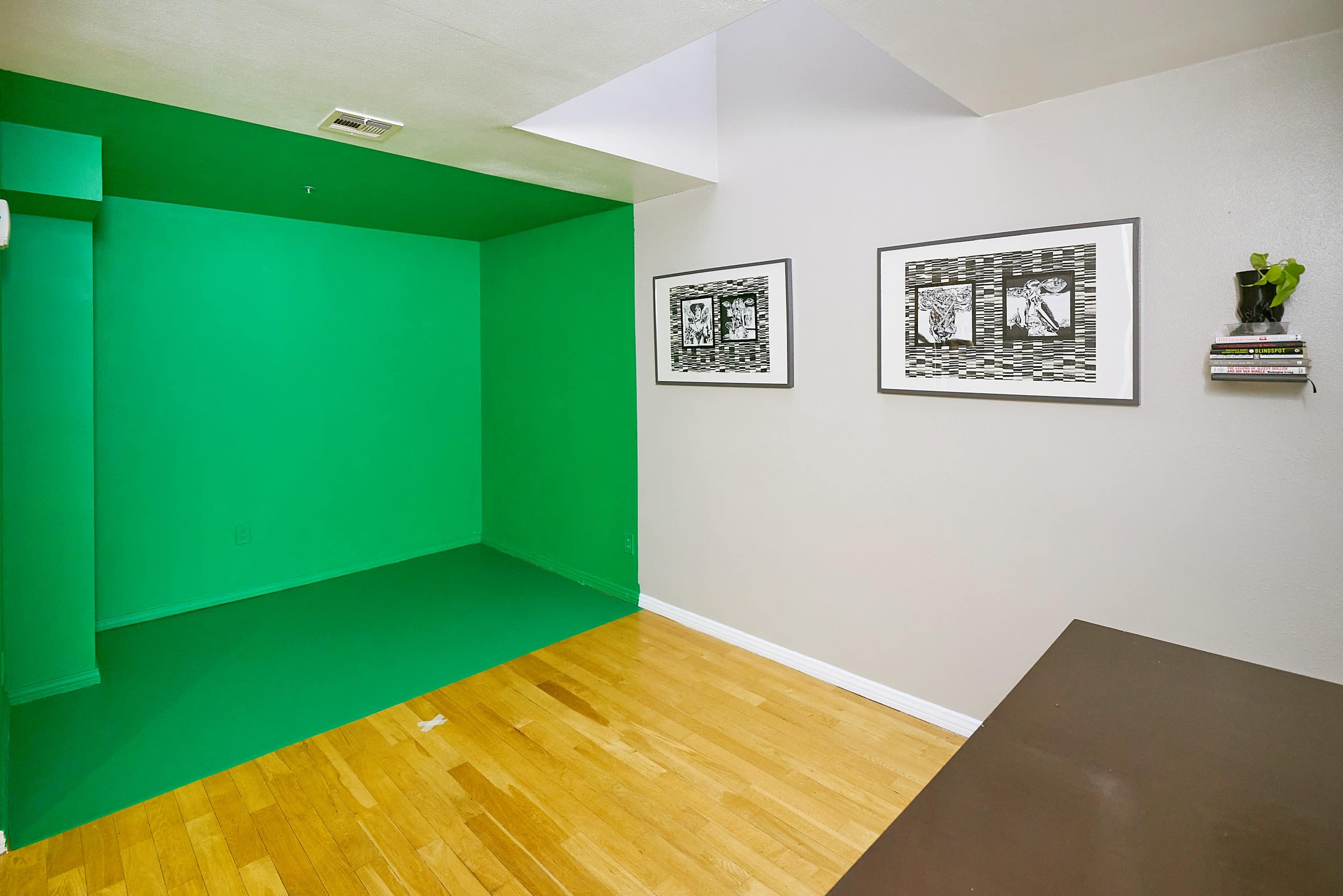 A room with a green accent wall and floor, featuring two framed artworks and a small plant on a shelf.