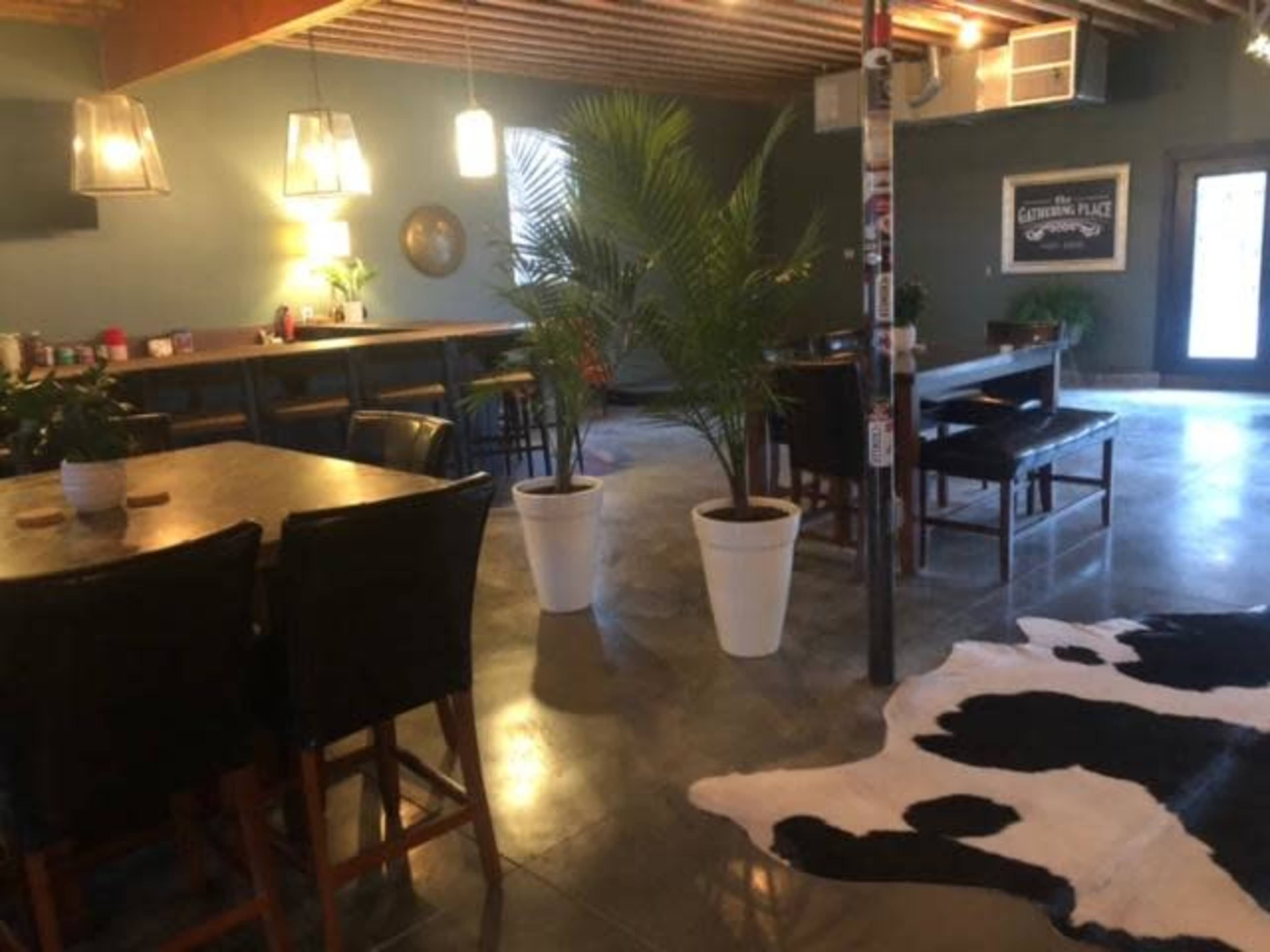 The image shows a modern cafe interior with a bar area, seating, and potted plants, all arranged on polished concrete flooring.