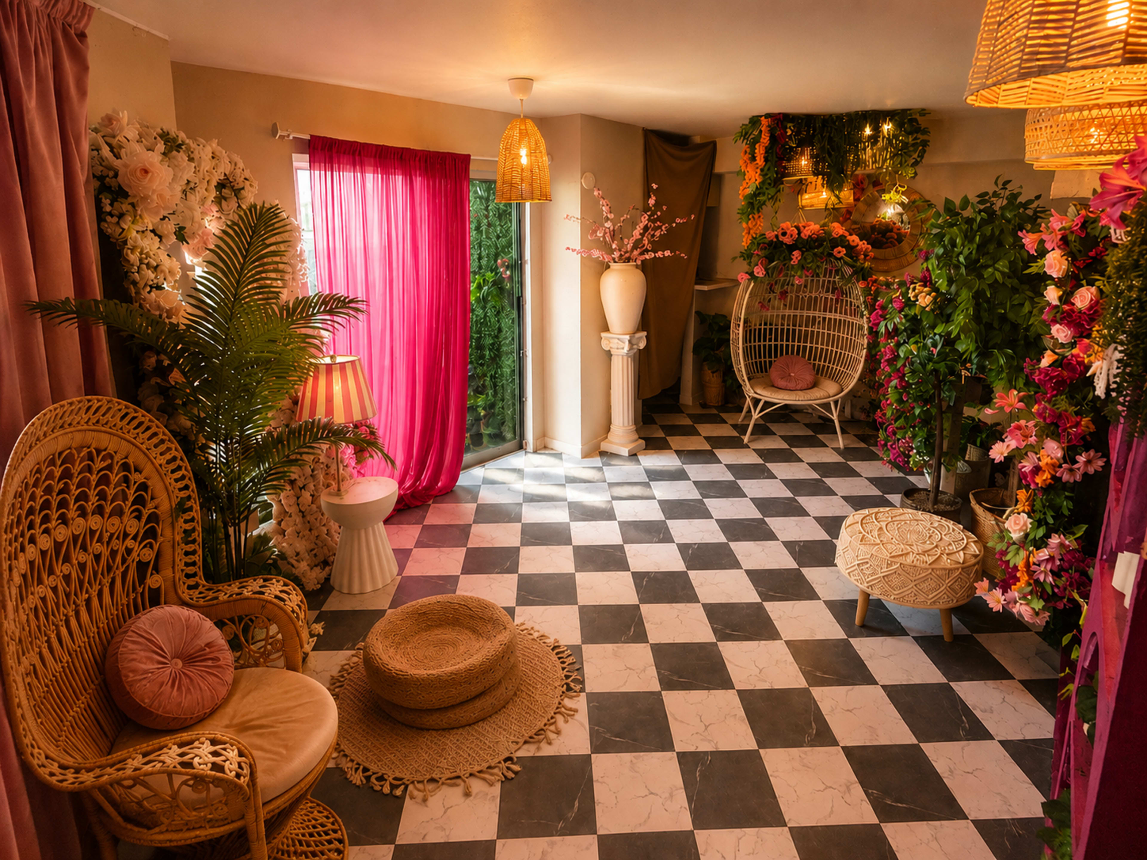 The image depicts a bright, elegantly decorated room with a checkered floor, featuring a wicker chair, a hanging chair, and various potted plants and floral arrangements.
