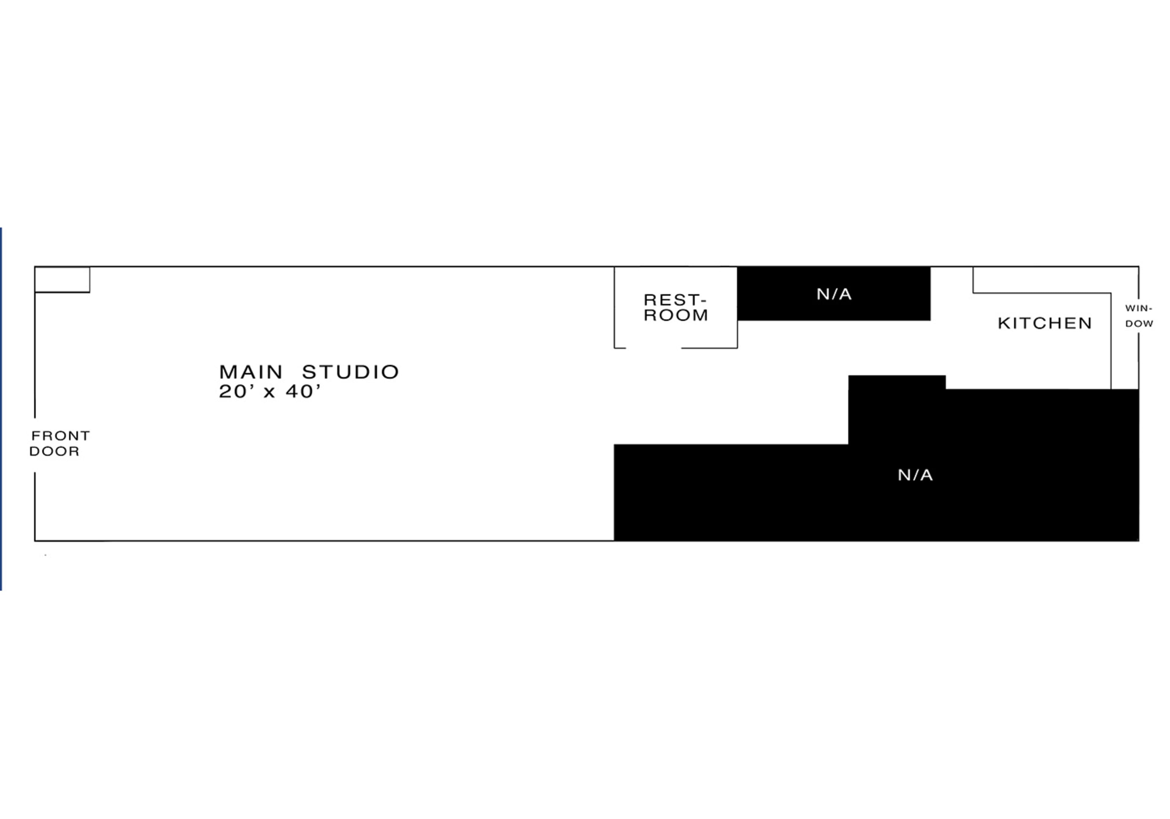 The image shows a floor plan layout of a space with a main studio measuring 20 feet by 40 feet, a kitchen, and a restroom marked as "N/A."