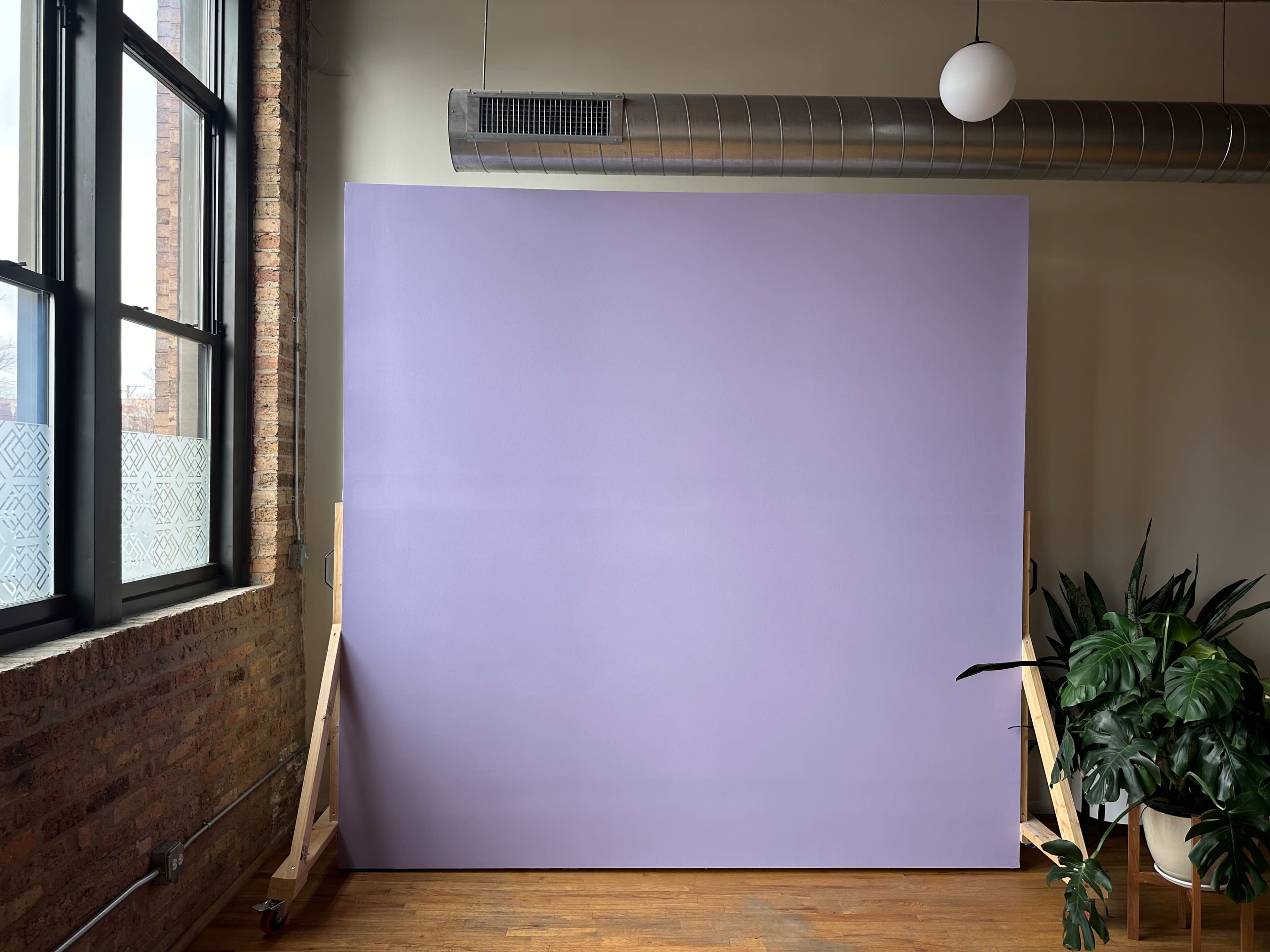 A large purple backdrop stands supported by two wooden frames in a room with exposed brick walls and a potted plant.