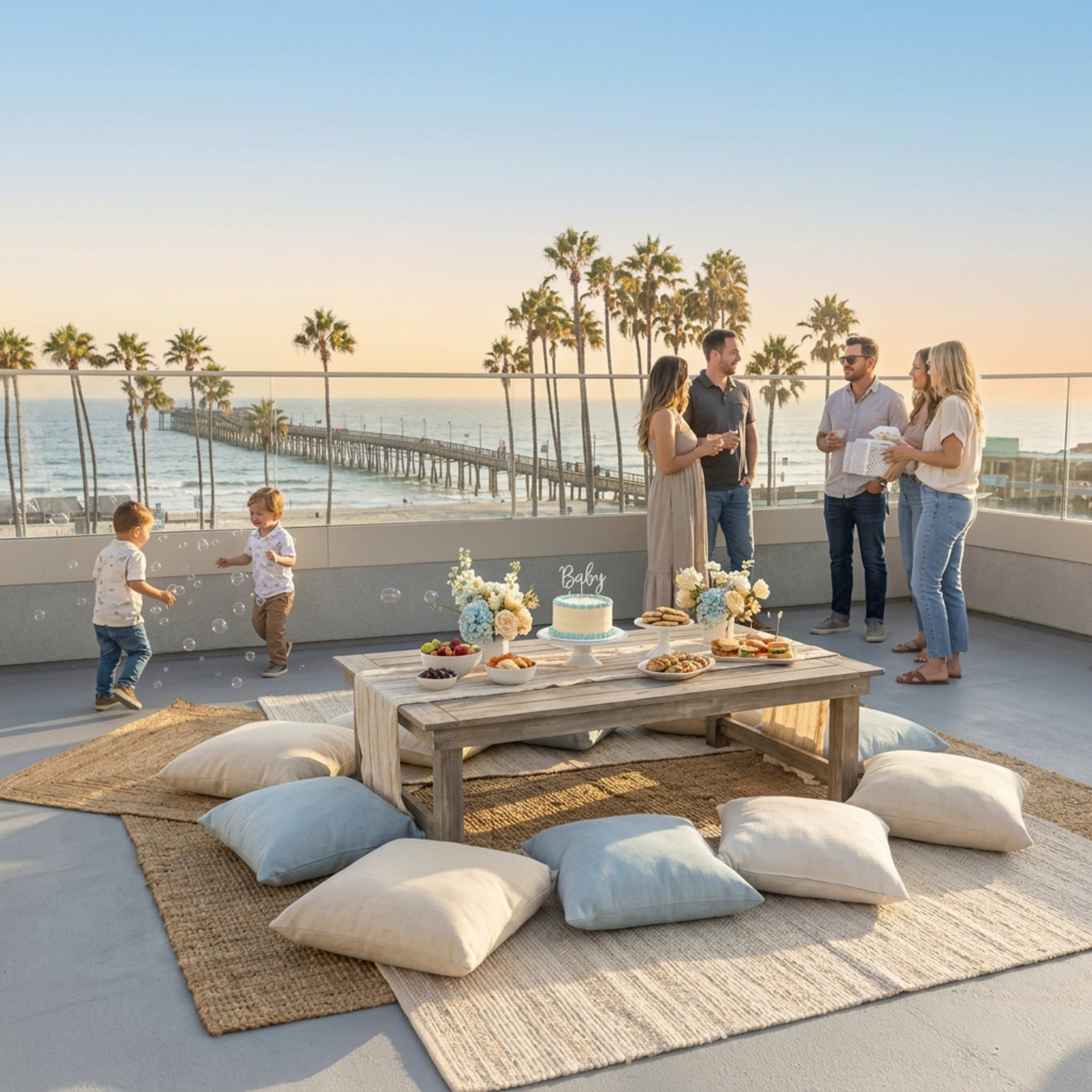 A group of five adults and two children celebrate near a table with a cake and snacks, overlooking a beach and pier at sunset.