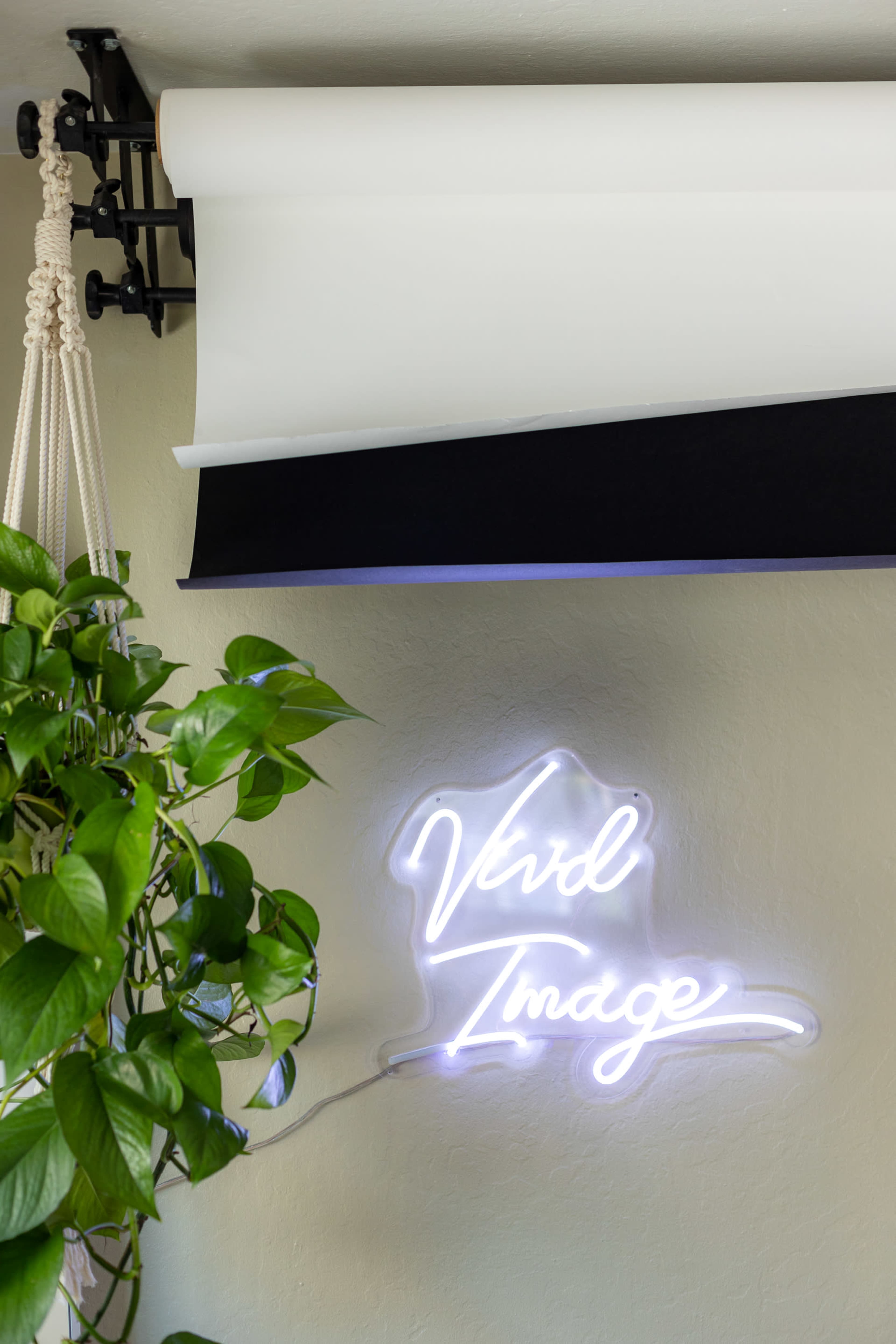 A neon sign that reads "Vivid Image" is illuminated on a wall, alongside a roll of white backdrop material and a green plant hanging nearby.