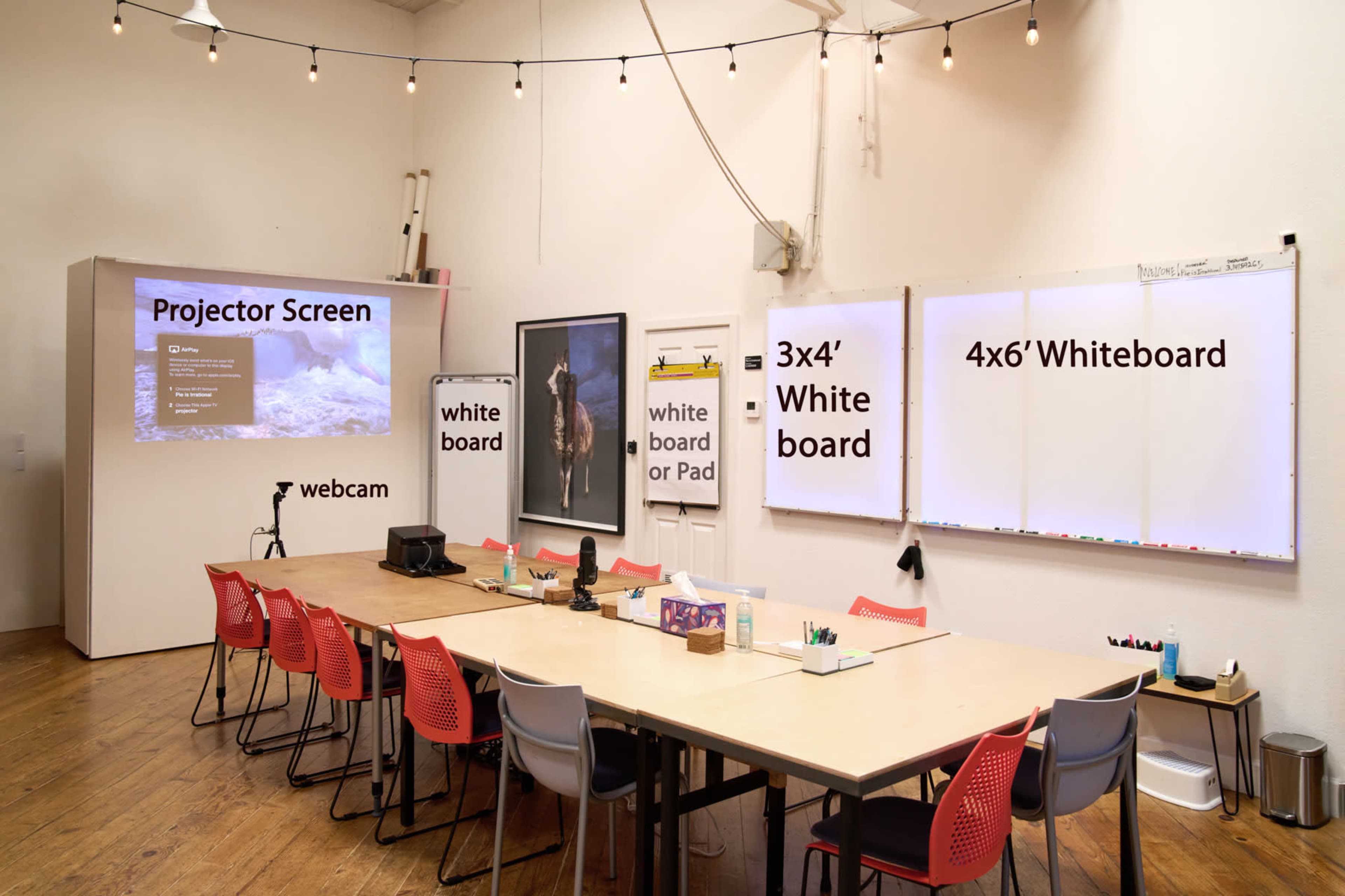 A modern conference room features a long table surrounded by red chairs, with a projector screen and multiple whiteboards displayed on the walls.
