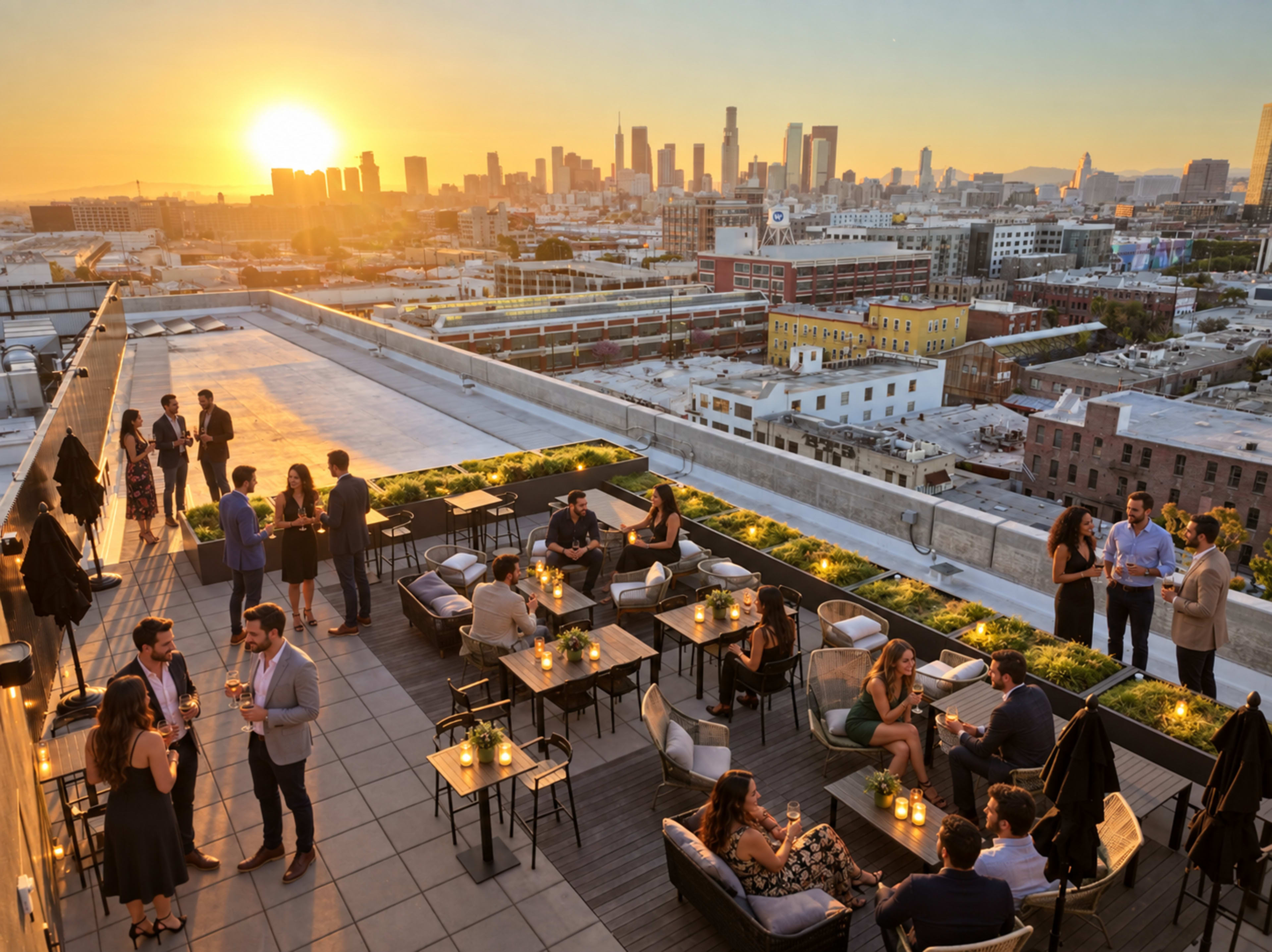 A rooftop event space is filled with people socializing against the backdrop of a sunset over a city skyline.