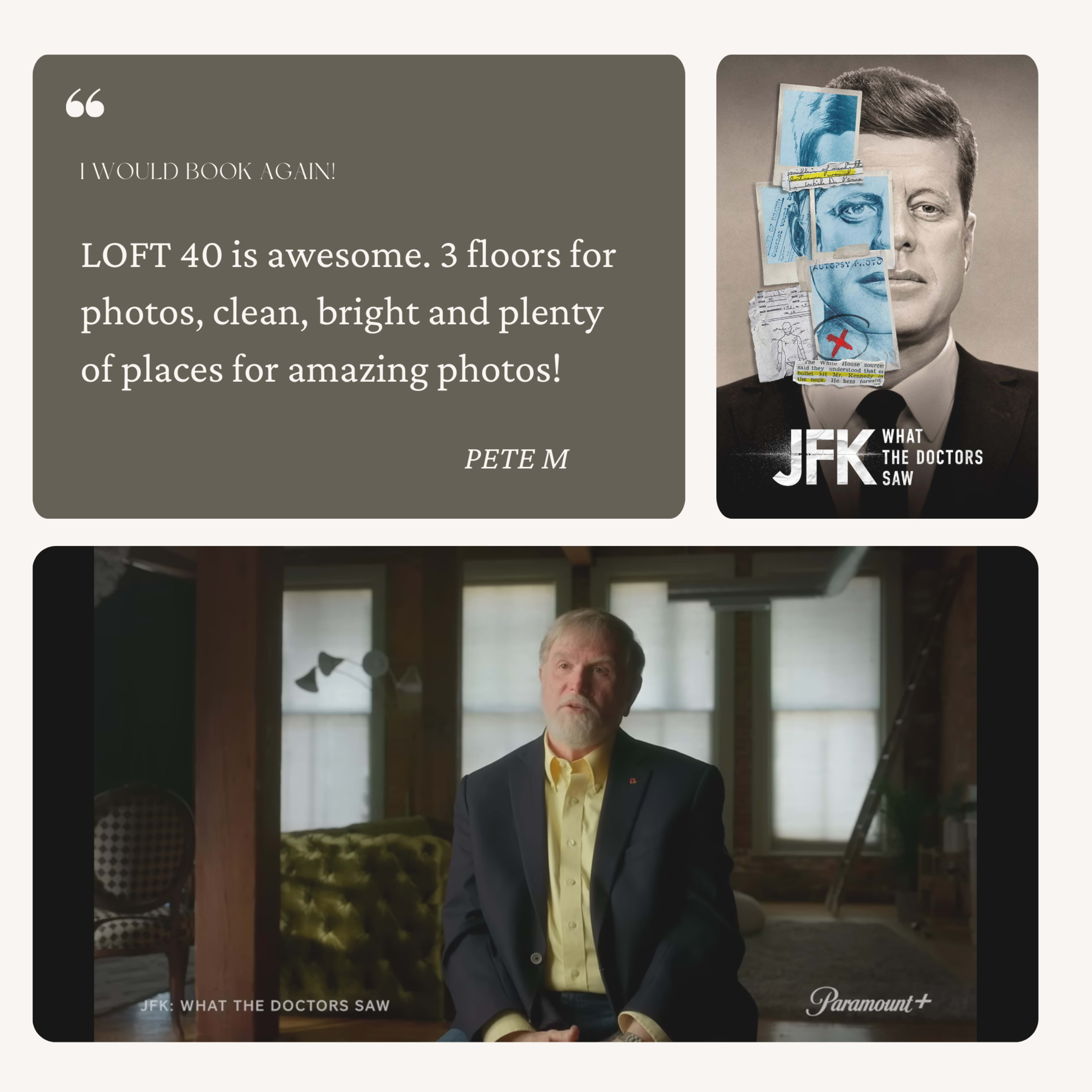 A testimonial about LOFT 40, highlighting its three floors for photography, alongside promotional content for the series "JFK: What the Doctors Saw."