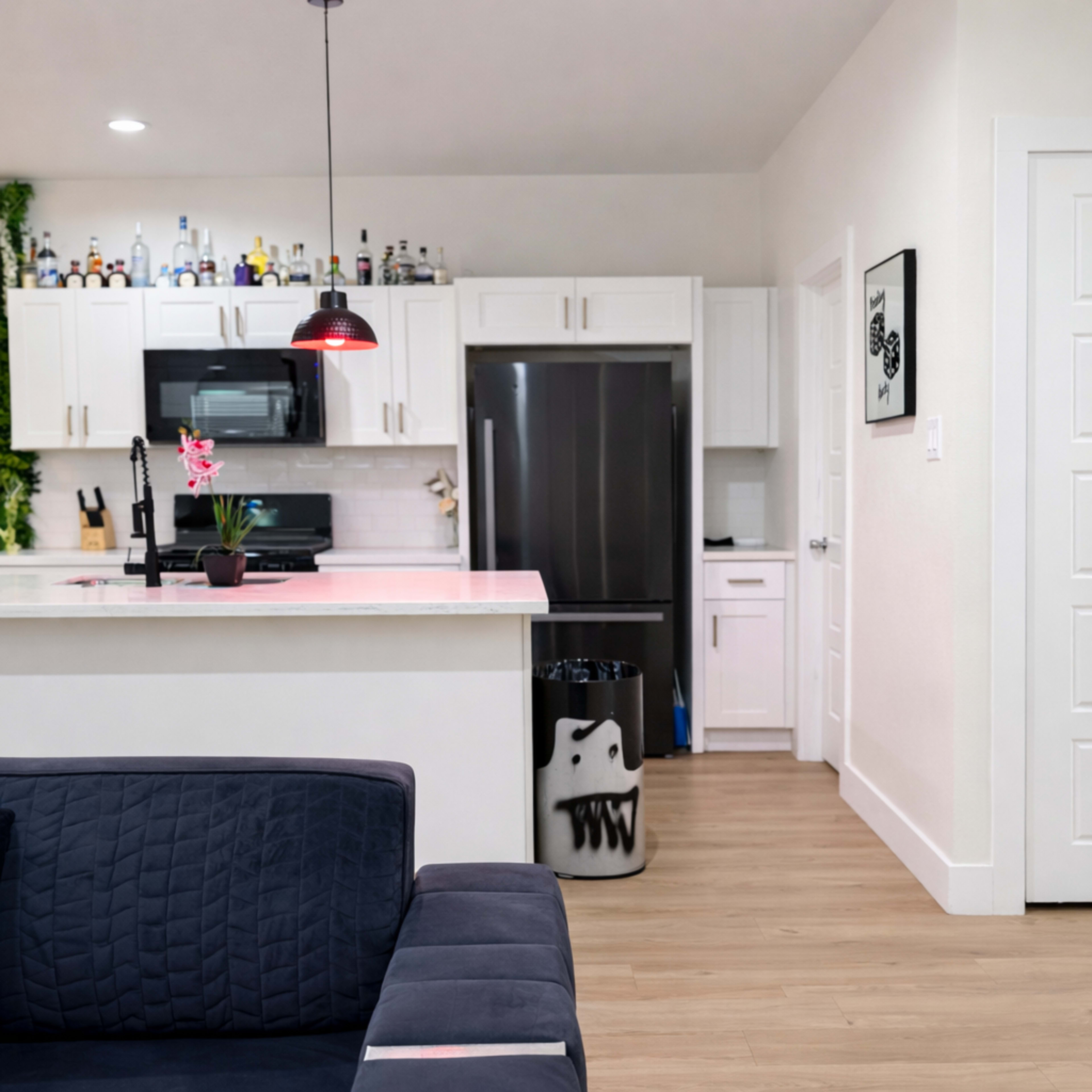 The image shows a modern kitchen with a bar area, featuring a dark refrigerator, a stove, and a small potted plant on the counter.