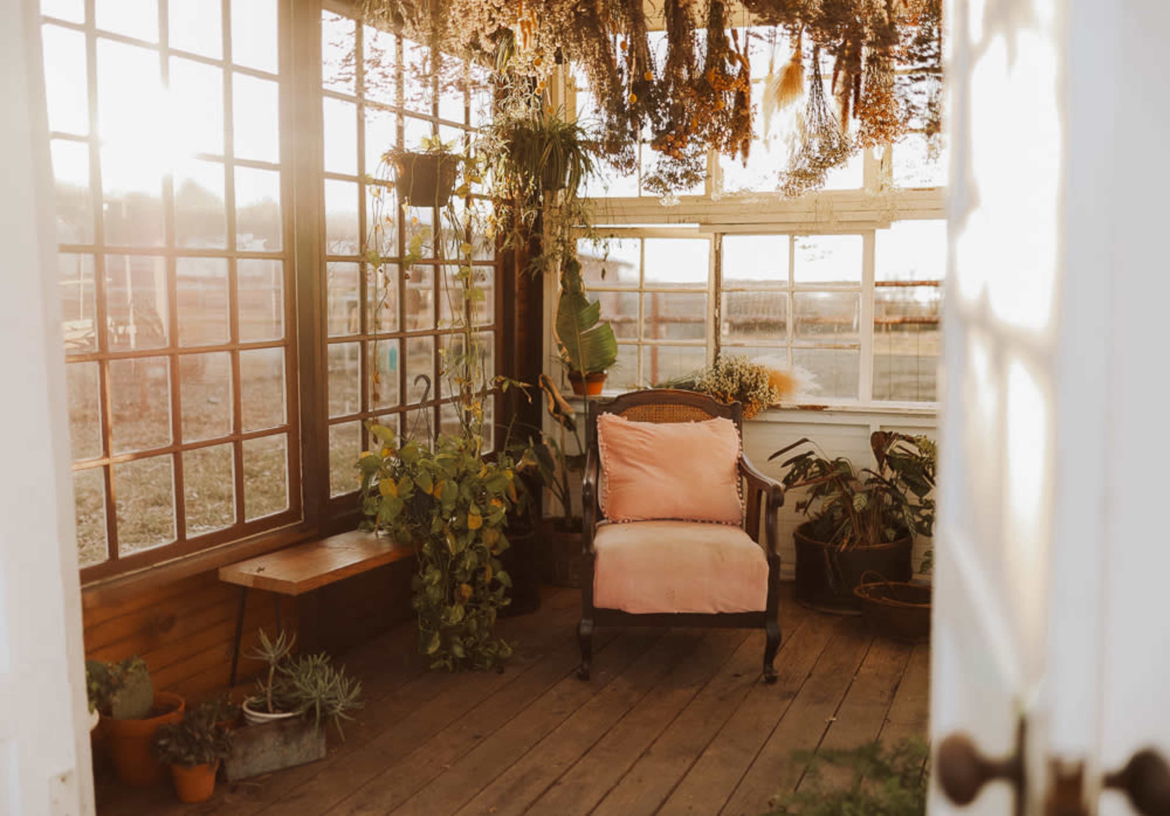 A cozy sunroom filled with plants, a pink chair, and large windows allowing natural light to fill the space.