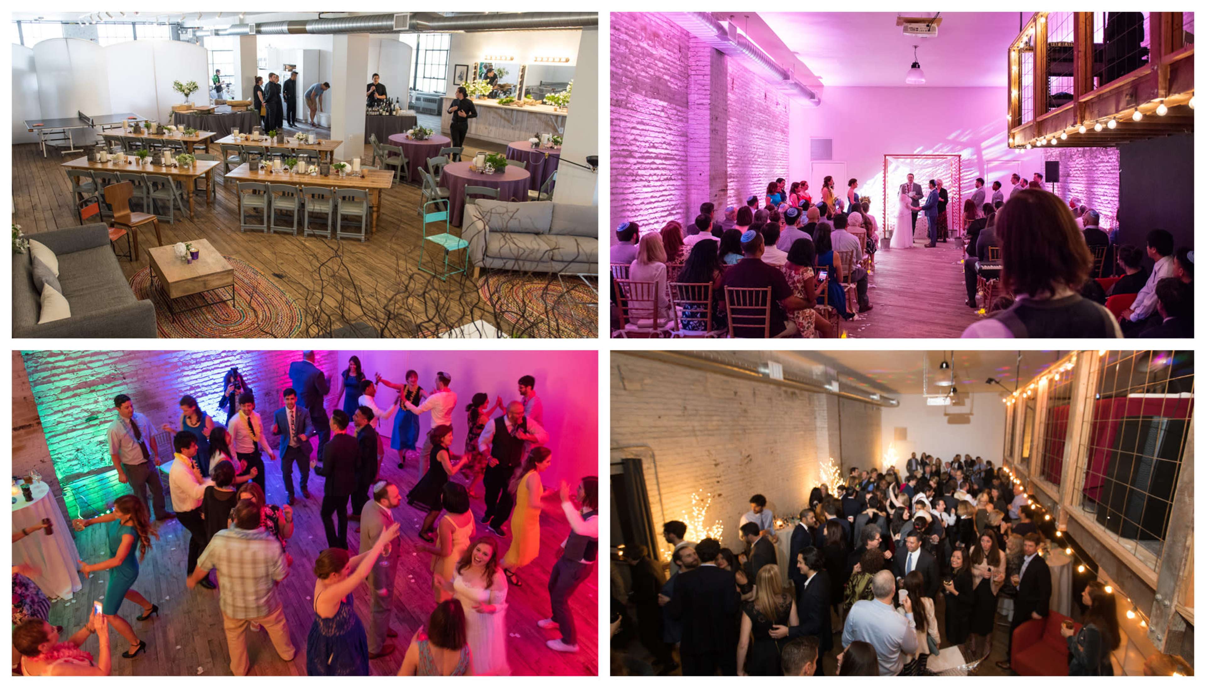 A multi-purpose event space featuring a dining area, a gathering space with decorated tables, and dancing areas with colorful lighting, filled with people enjoying a celebration.