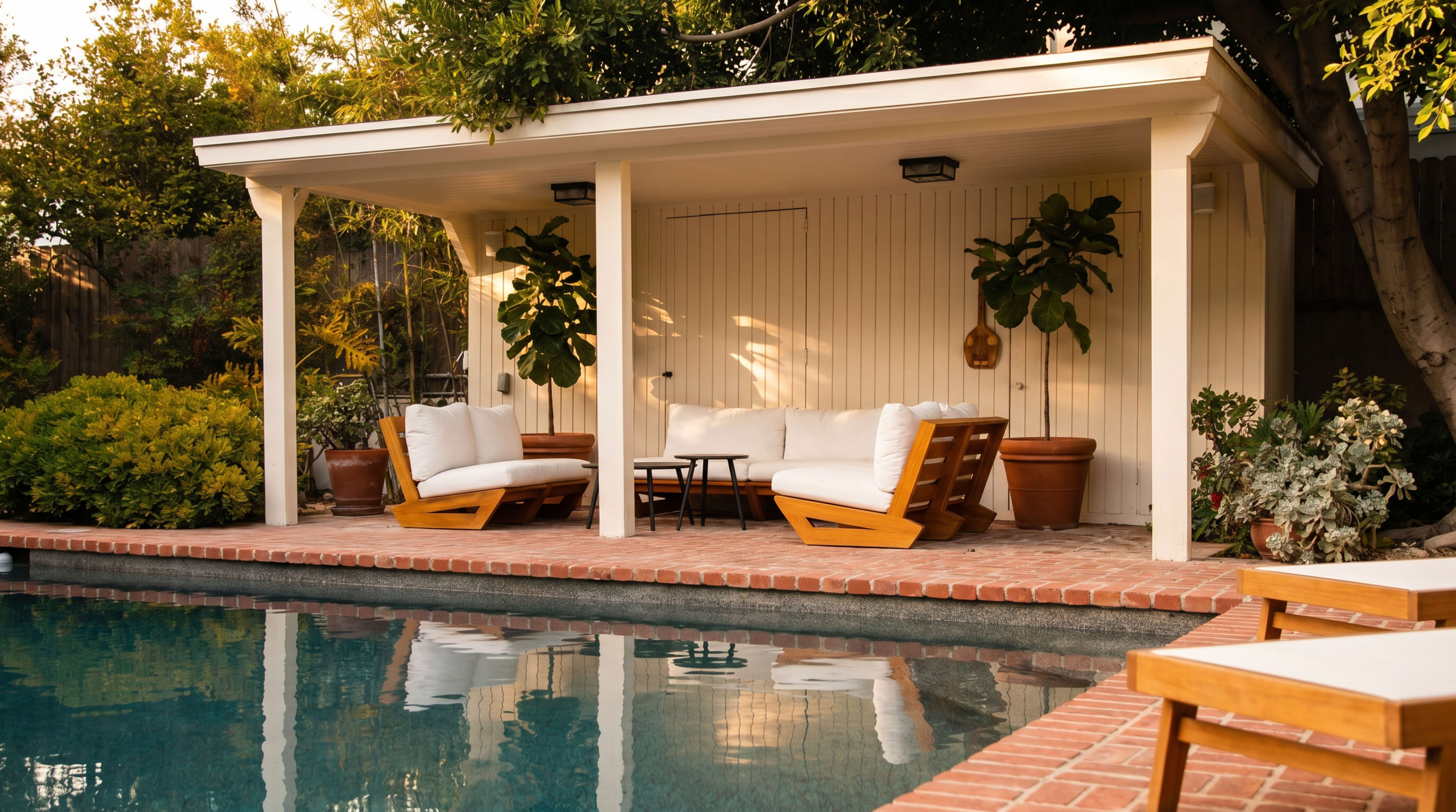 A modern poolside lounge area features white outdoor furniture and potted plants beside a swimming pool.