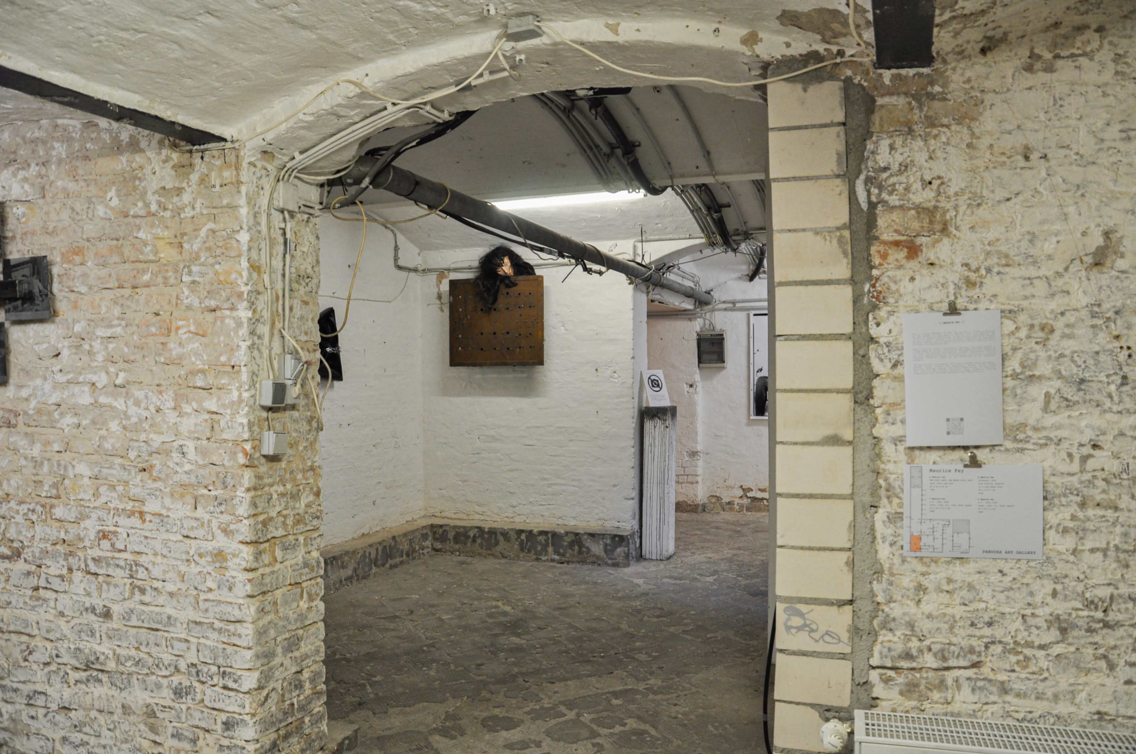 The image shows an empty basement corridor with exposed brick walls and a series of black cables hanging from the ceiling.