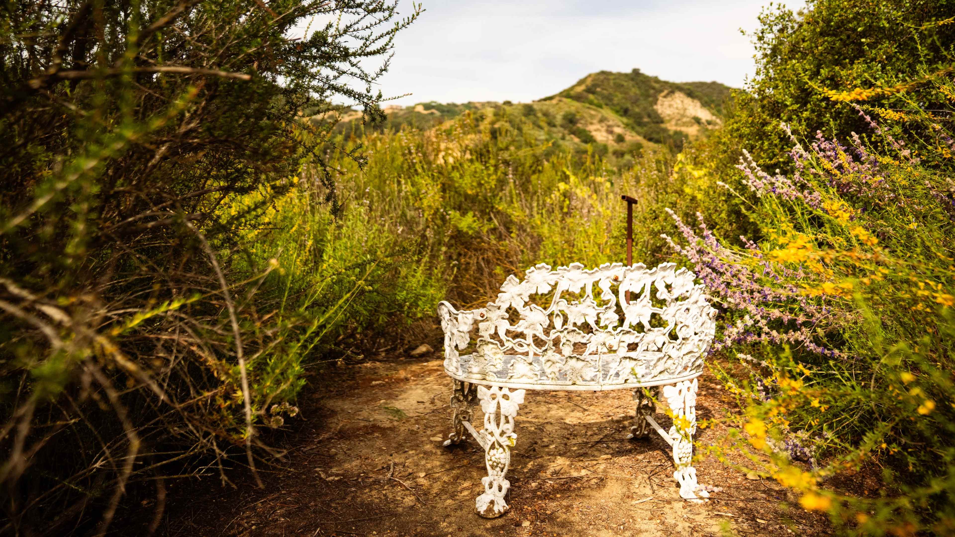 A decorative white bench sits amidst lush greenery and wildflowers, with rolling hills in the background.