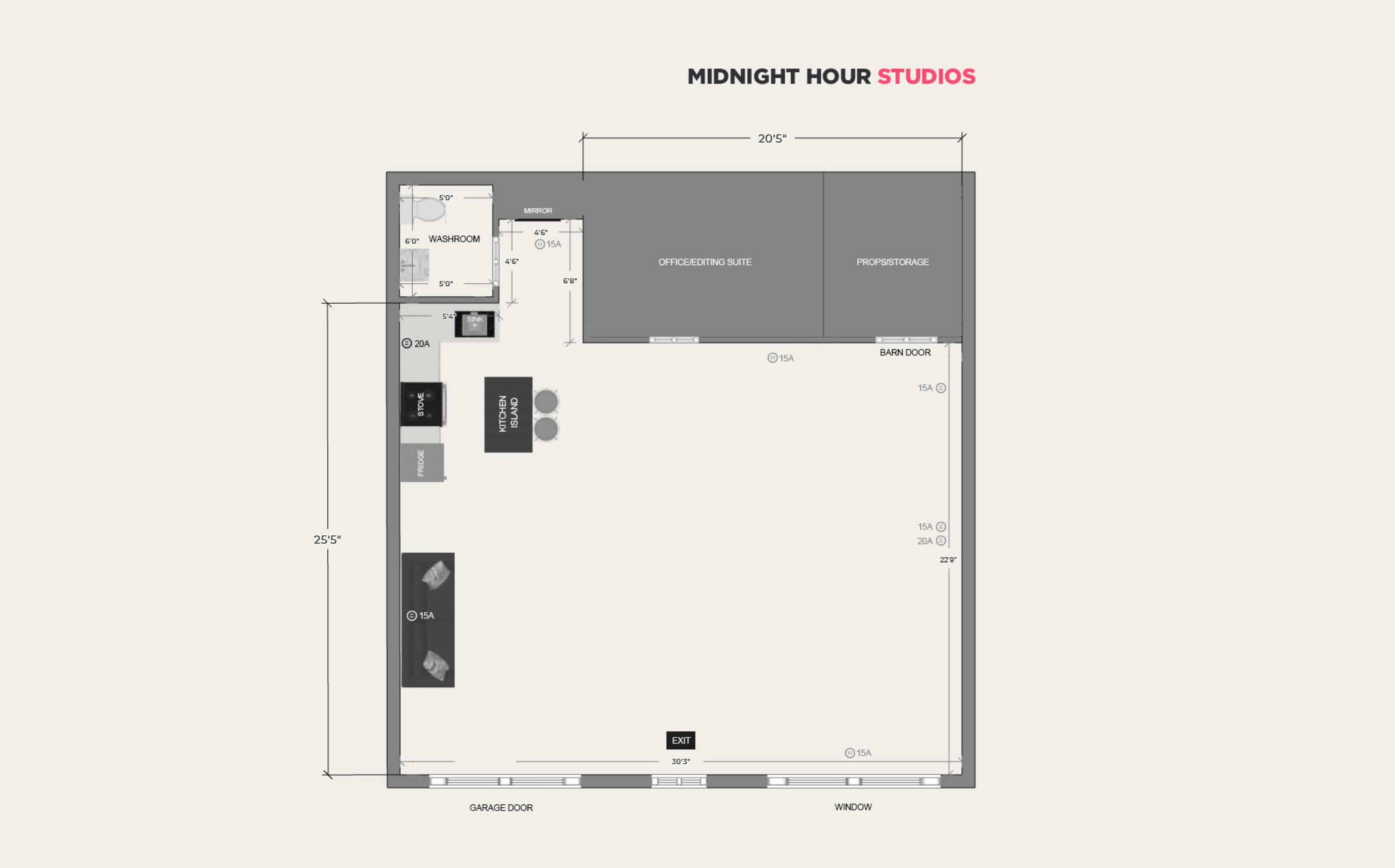 The image shows a floor plan layout of "Midnight Hour Studios," detailing room dimensions and placements, including an entrance, workshop area, restroom, and various designated spaces.