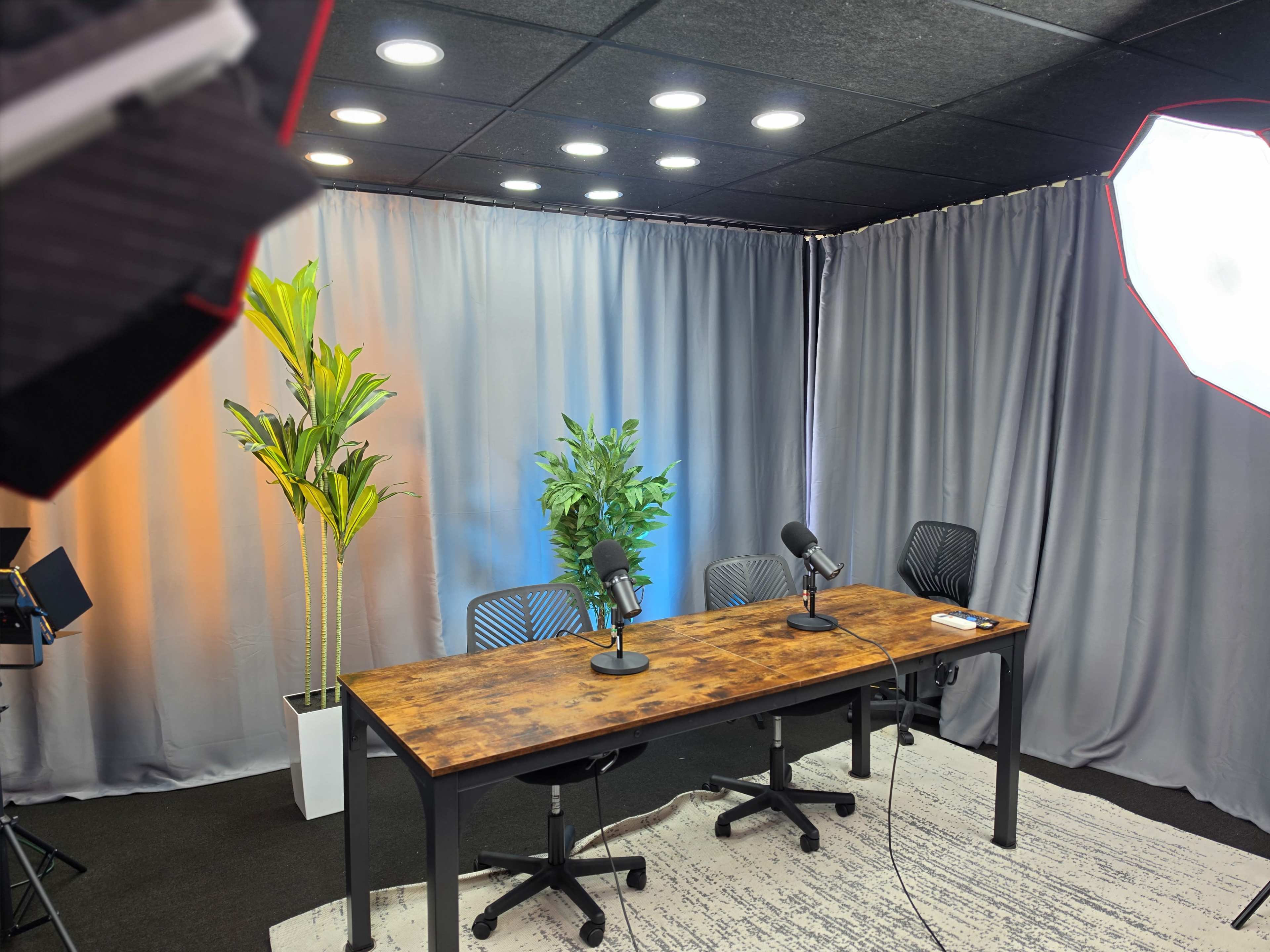 A well-lit podcast studio features a wooden table with two chairs and microphones, surrounded by green plants and gray curtains.