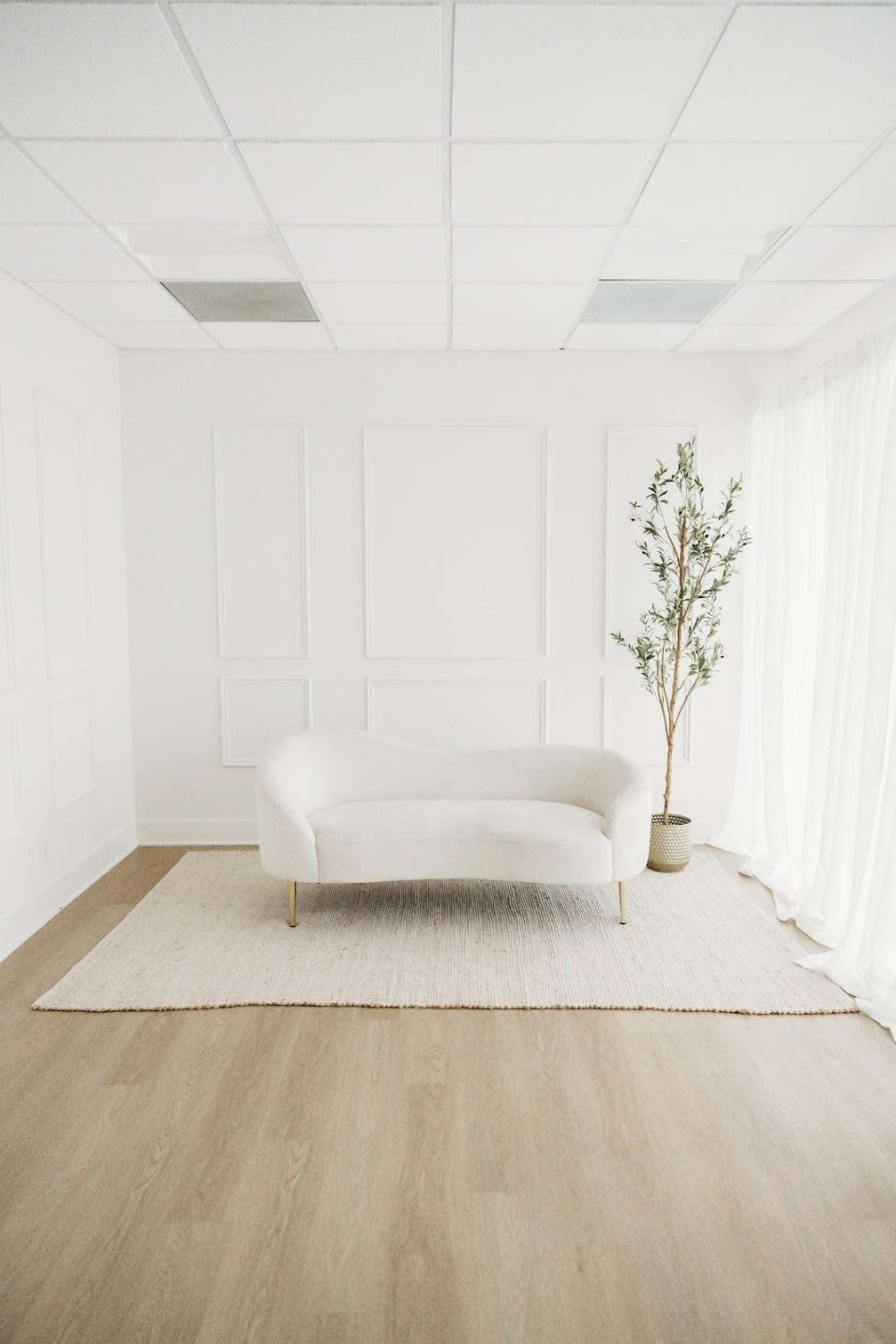 The image shows a minimalist room with a white sofa, a small decorative plant in a pot, and large windows covered by sheer curtains.