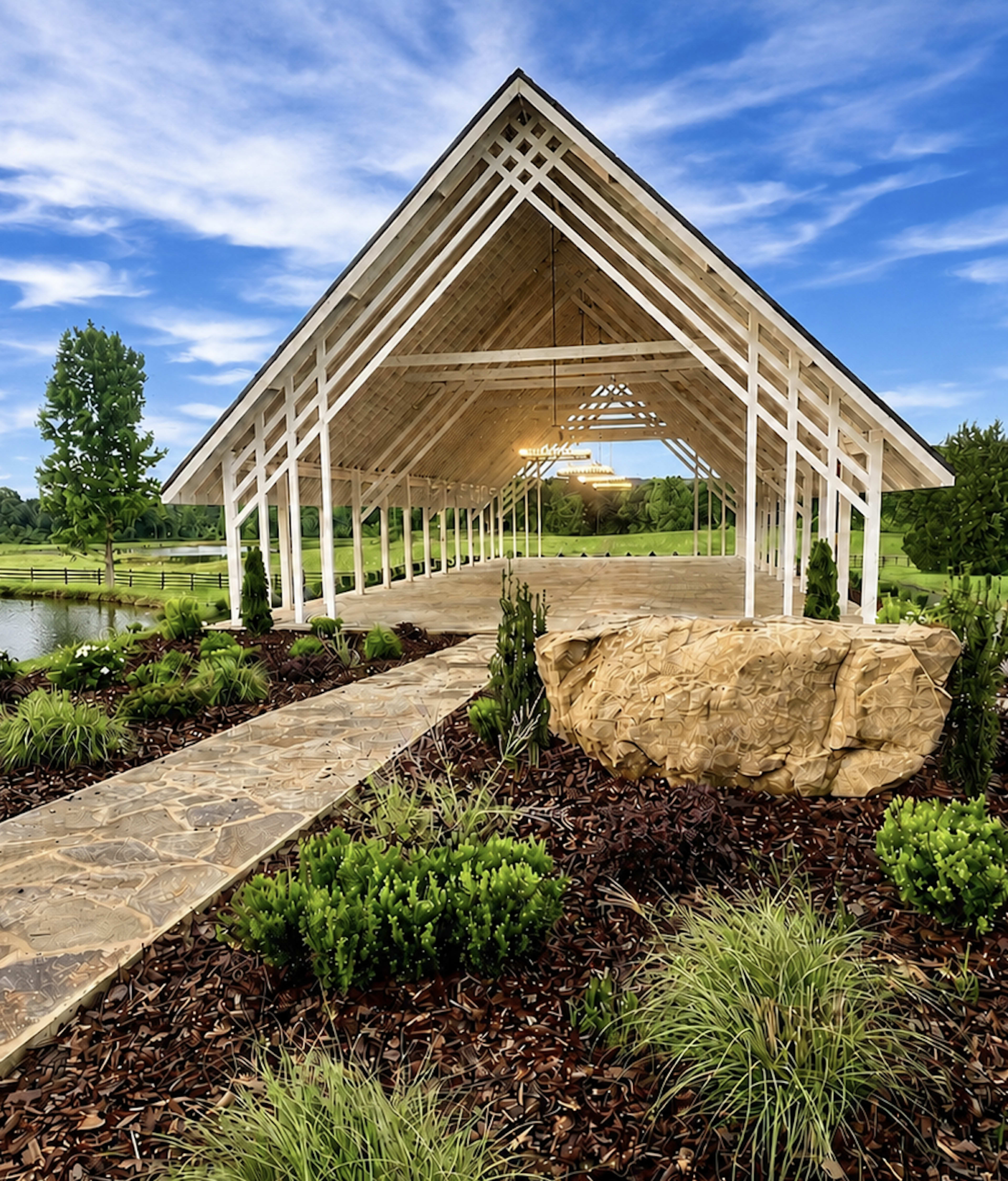 A large open pavilion with a wooden frame is surrounded by landscaped greenery and a pond under a blue sky.