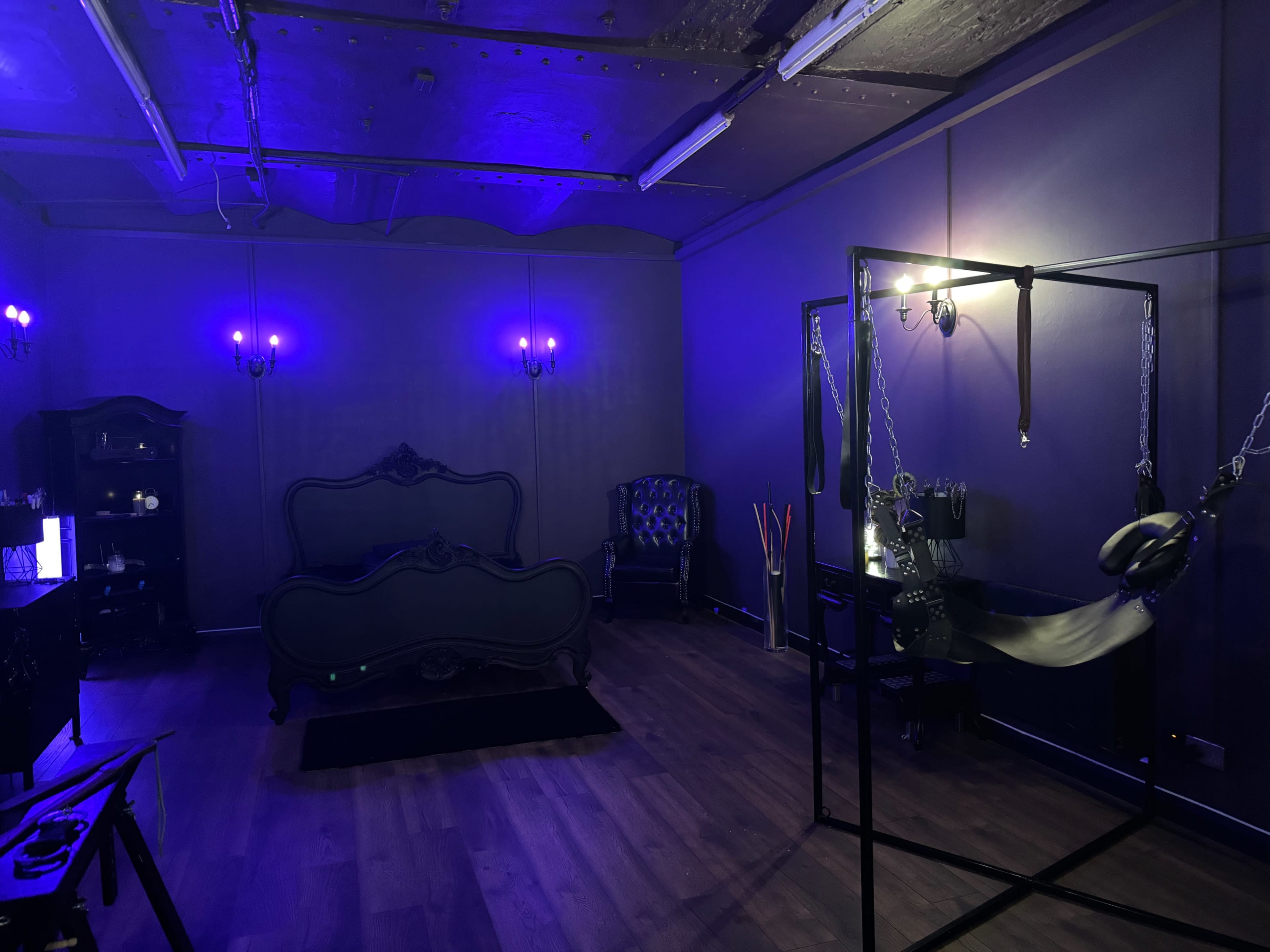 The room features a darkly themed interior with purple lighting, a vintage-style bed frame, a chair, and a suspended apparatus.
