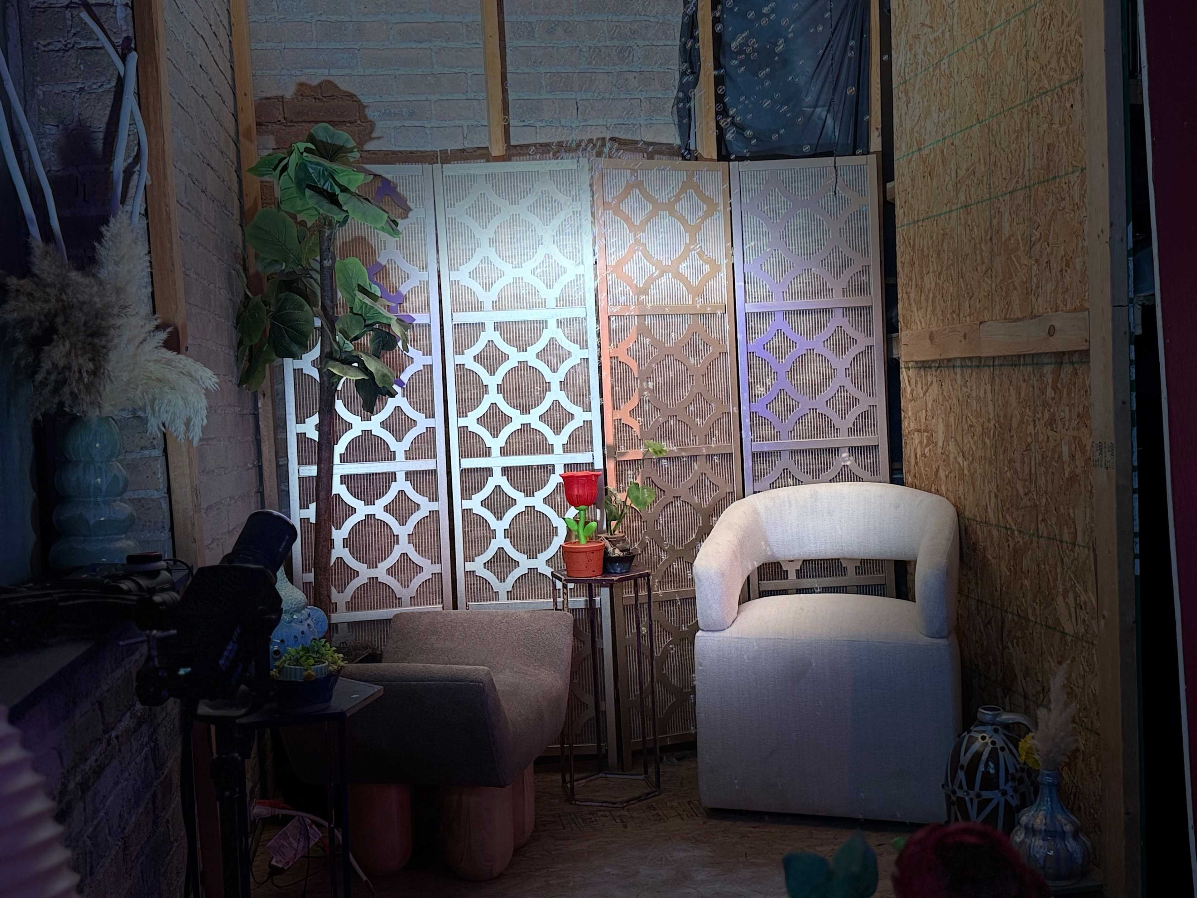 The scene features a cozy nook with two chairs, a potted plant, and a decorative screen against a wall with exposed wooden framing.