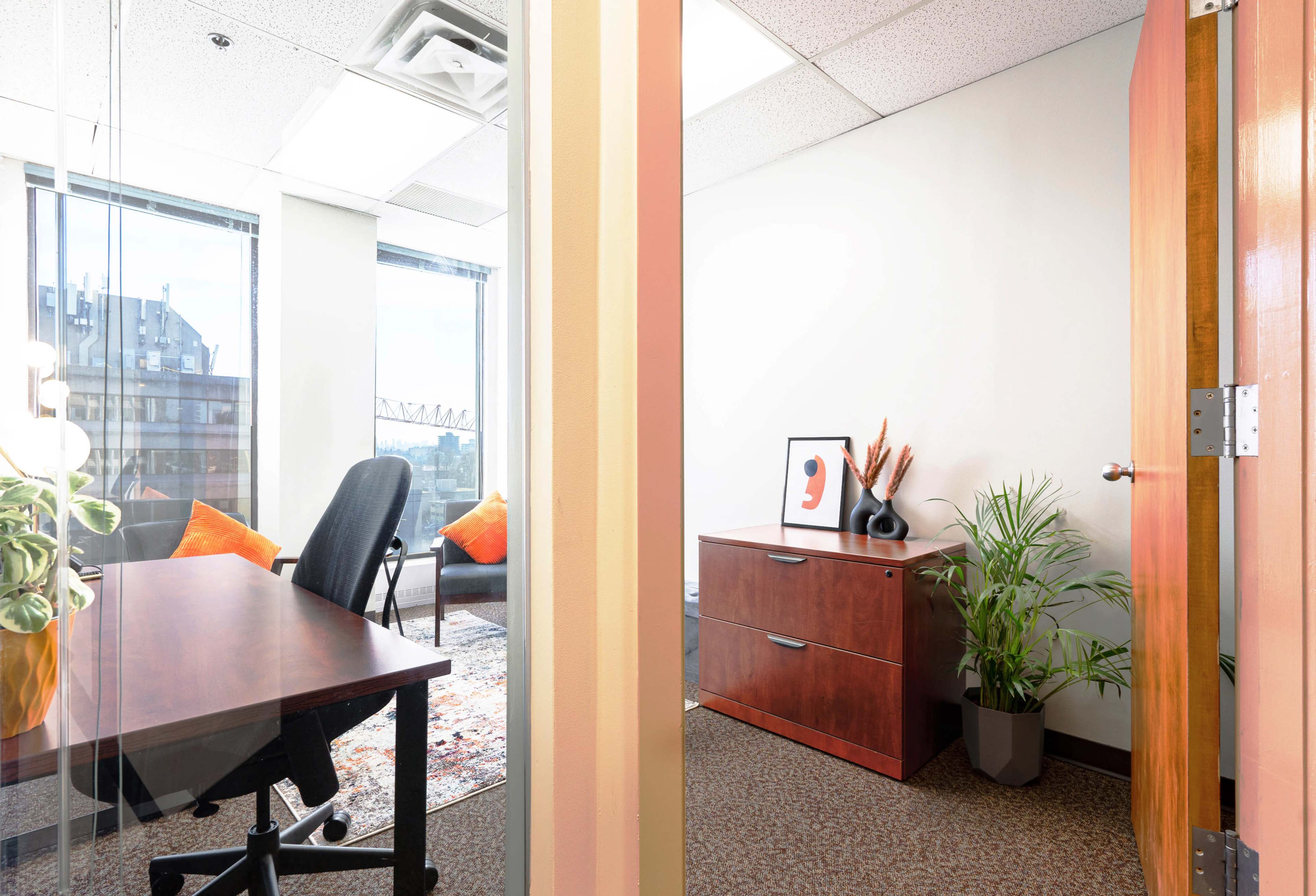 An office space with a wooden desk, a chair, a cabinet, and plants, seen through a glass door.