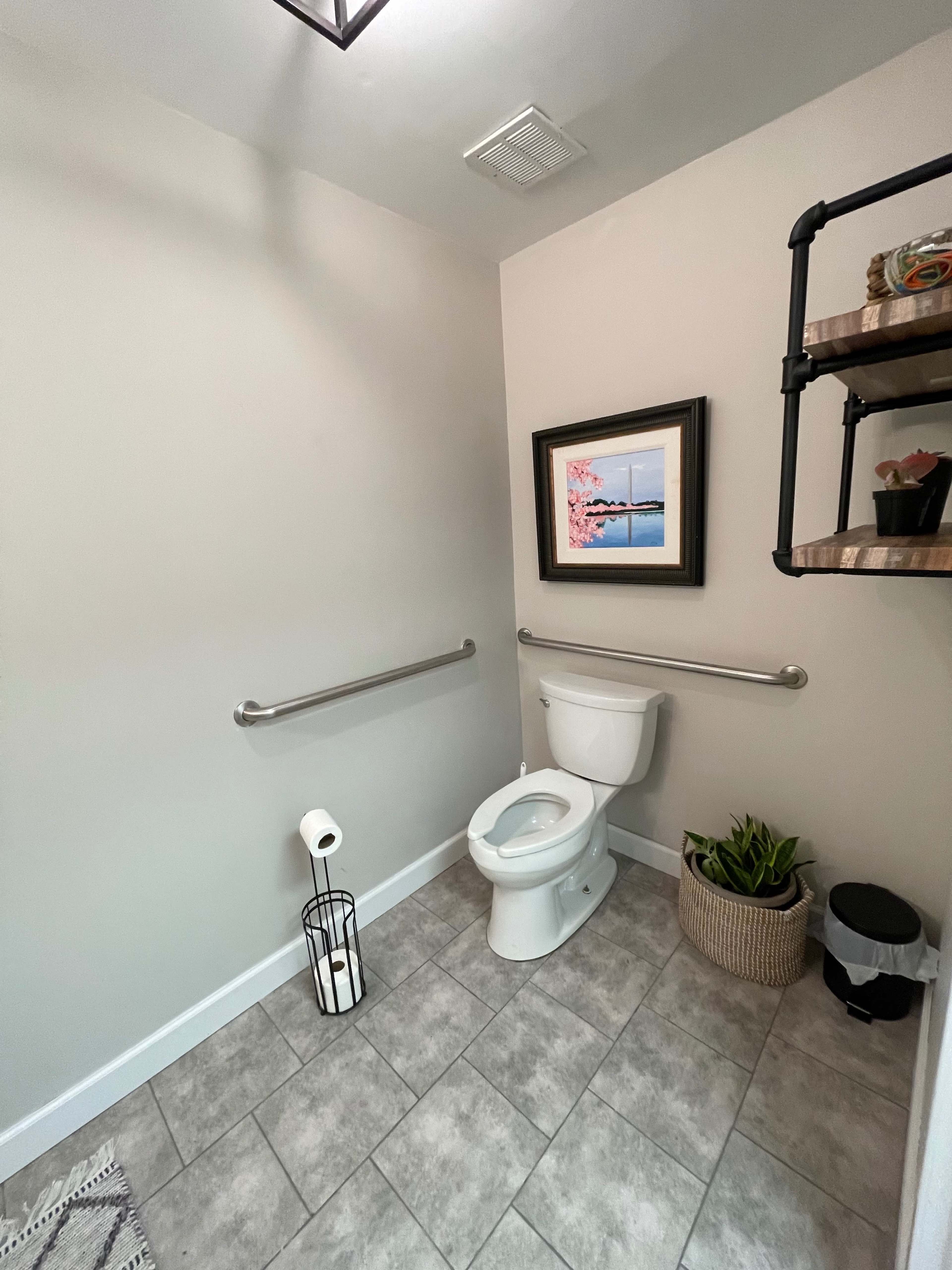 A small bathroom featuring a toilet, wall-mounted grab bars, a framed picture, and a shelf with decorative items.