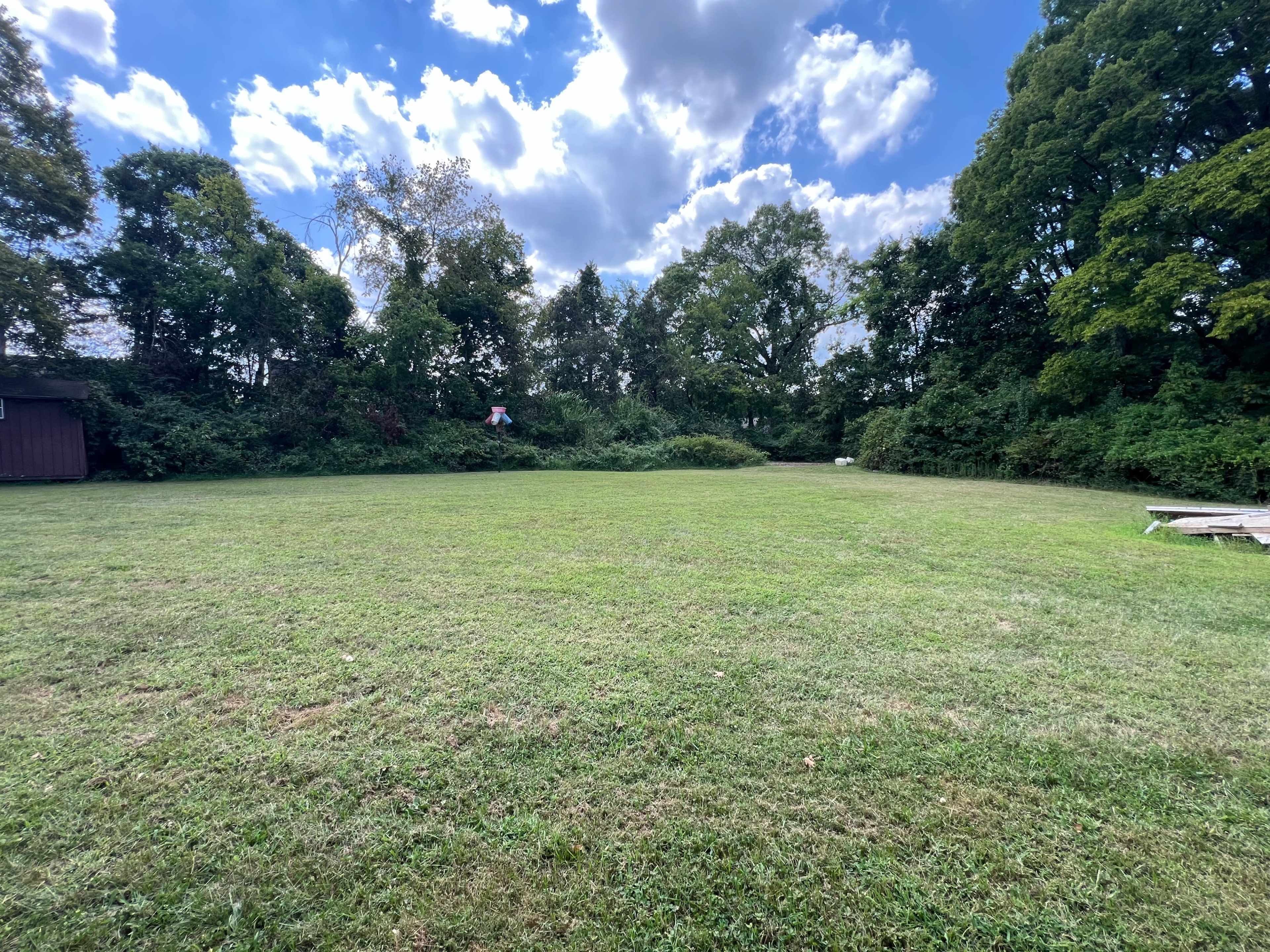 The image shows a large, open grassy area surrounded by trees under a partly cloudy sky.