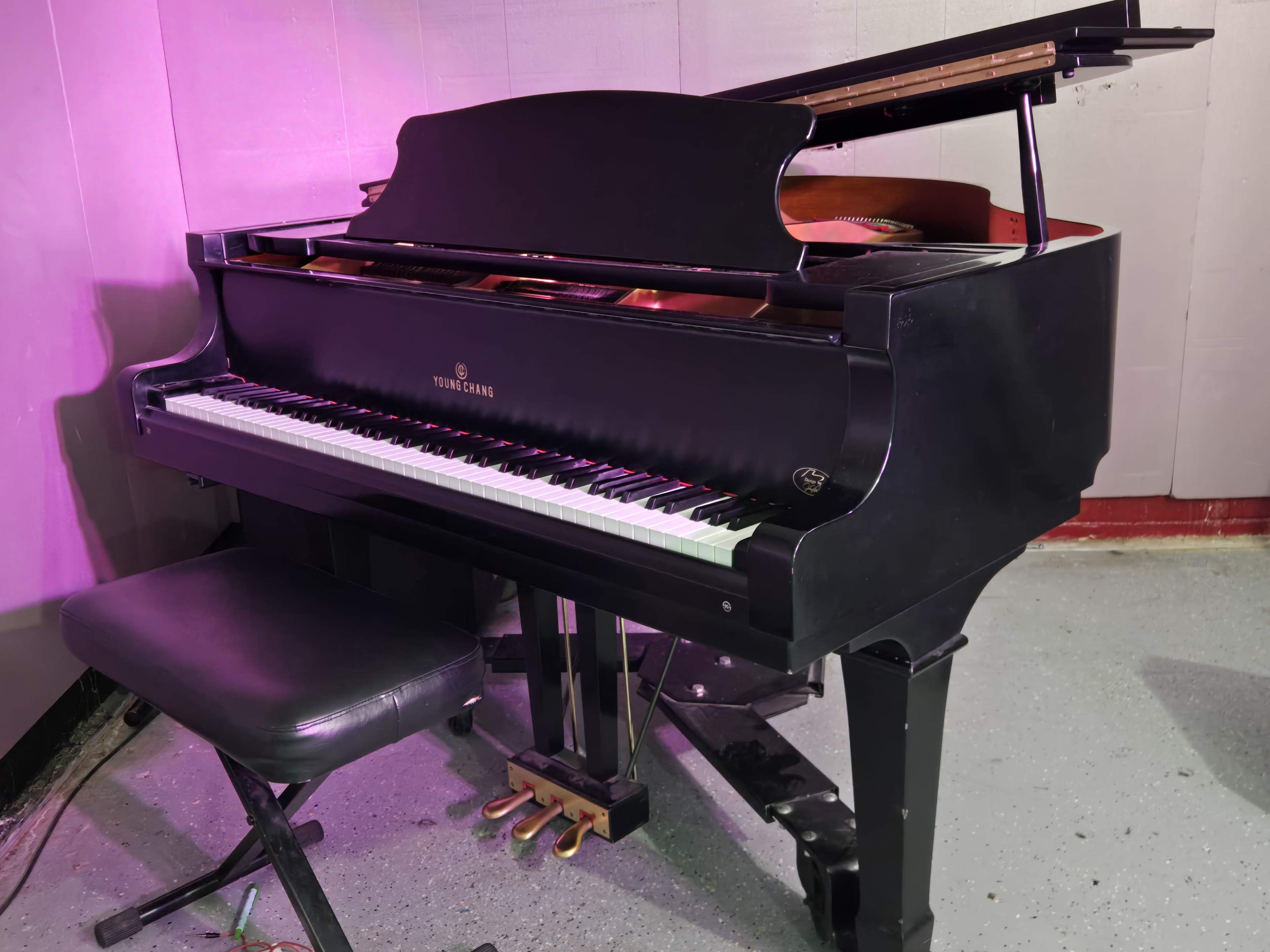 The image shows a black grand piano with a matching bench in a well-lit room featuring purple lighting.