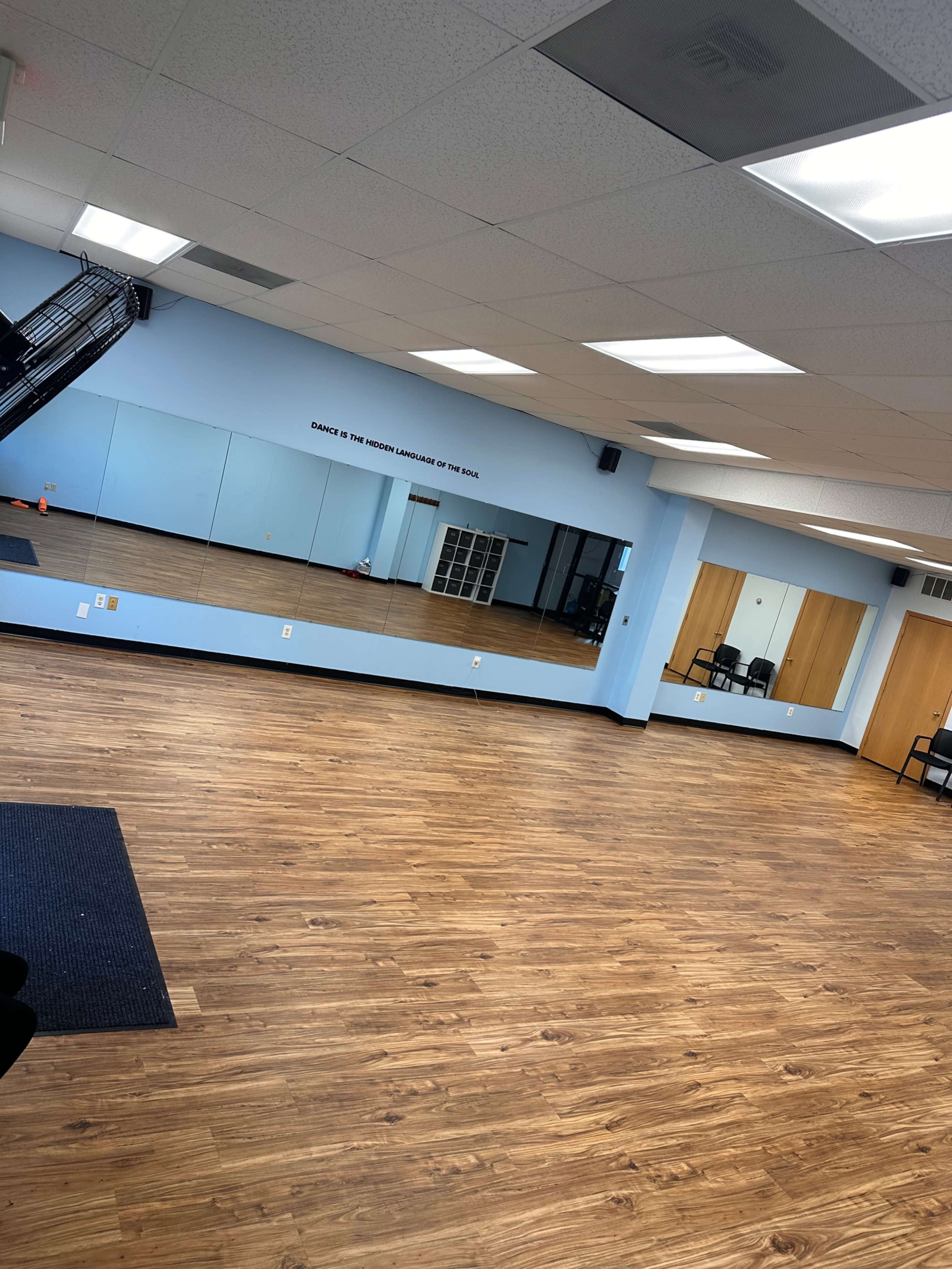 A spacious room with wooden flooring, blue walls, mirrors, and a storage unit at the back.