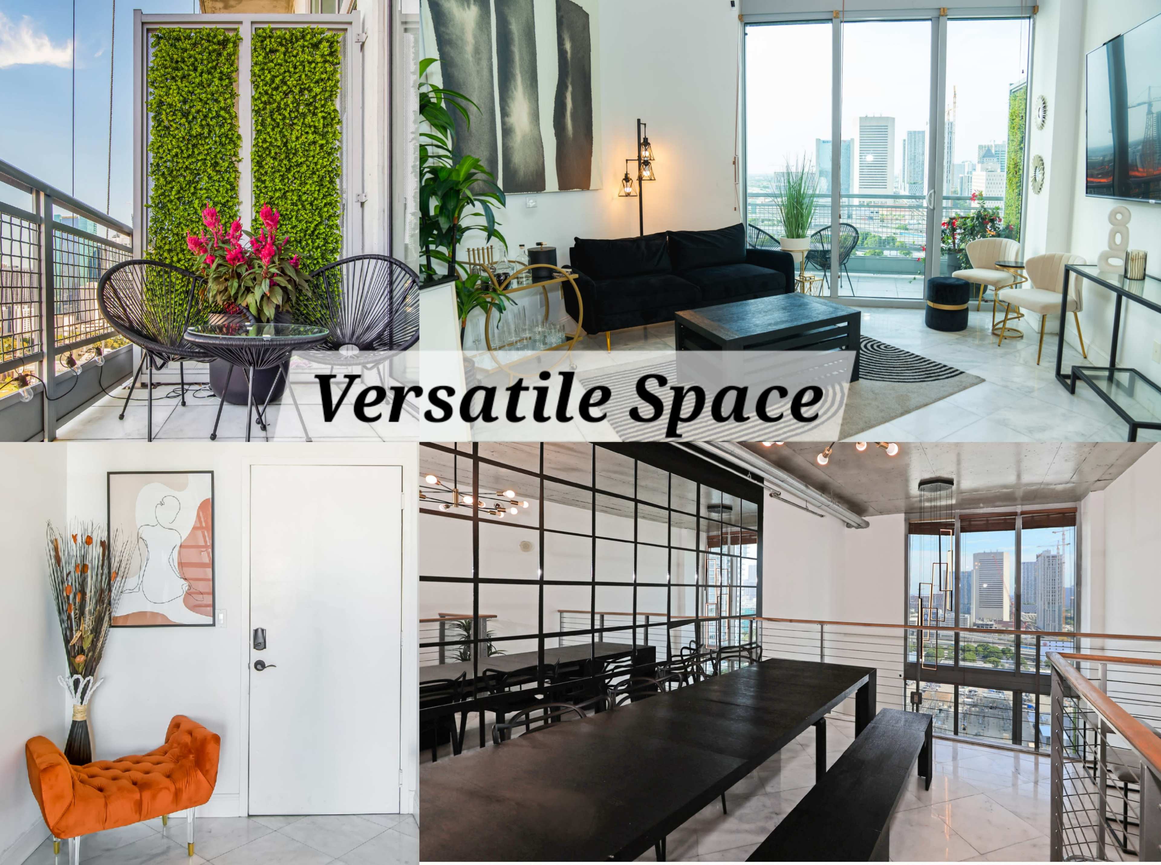 A modern, multi-functional interior space featuring a living area, dining area, and an entrance, complemented by large windows that reveal an urban skyline.