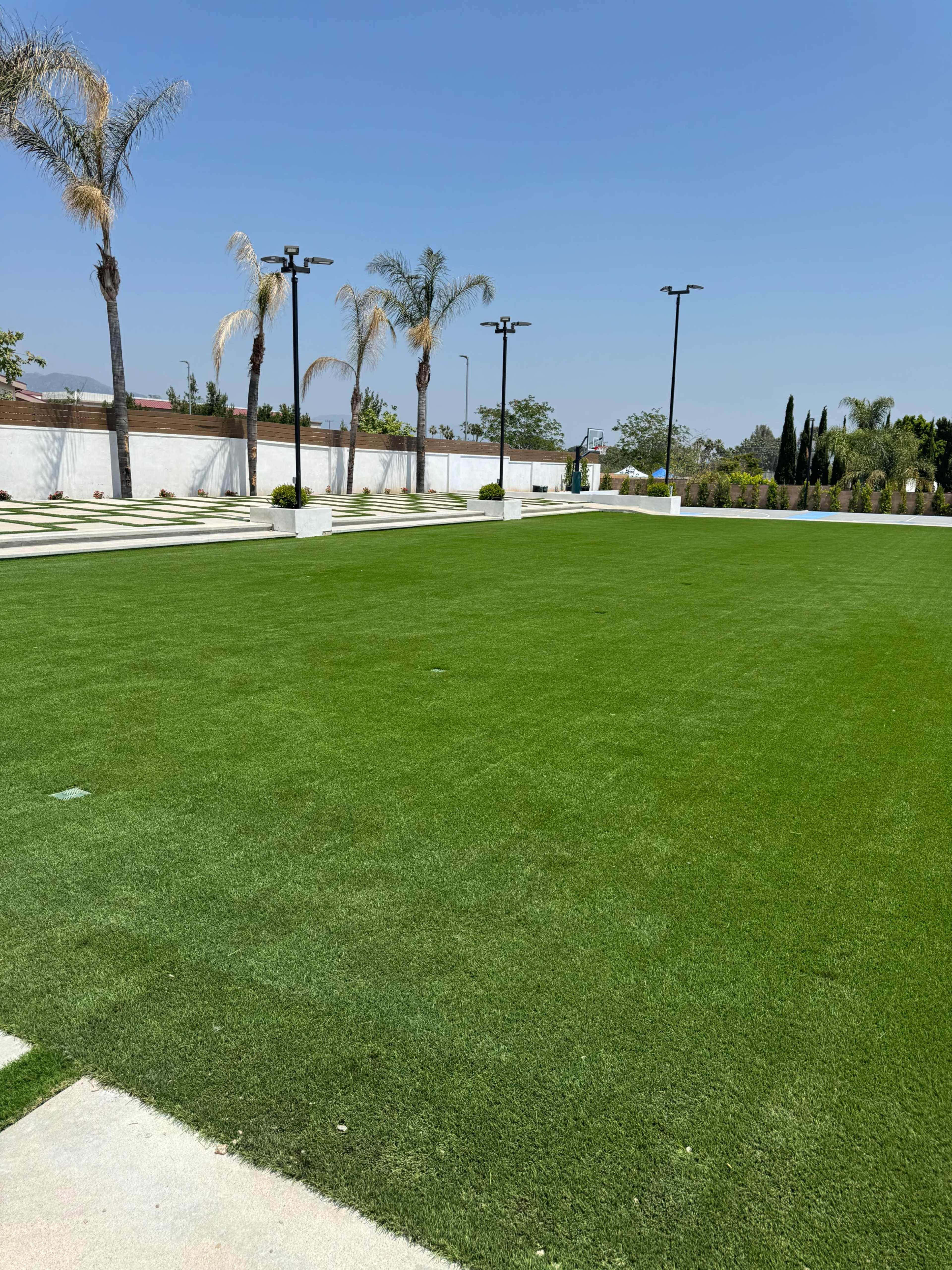 A well-maintained artificial grass lawn bordered by palm trees and outdoor lighting fixtures.