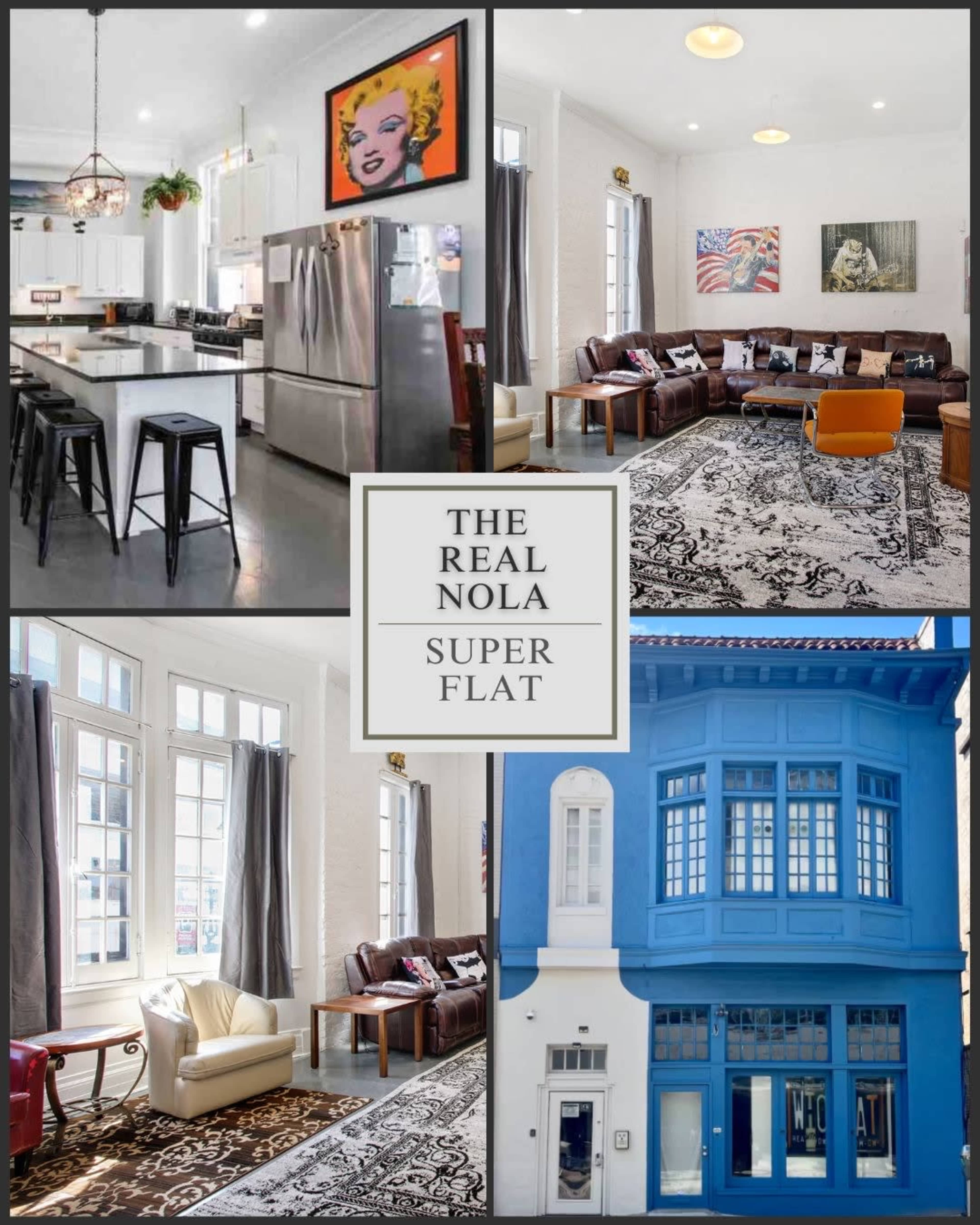 The image displays a collage featuring a modern kitchen with black stools, a stylish living room with a large sofa, a cozy lounge area with artistic decor, and a vibrant blue exterior of a building.