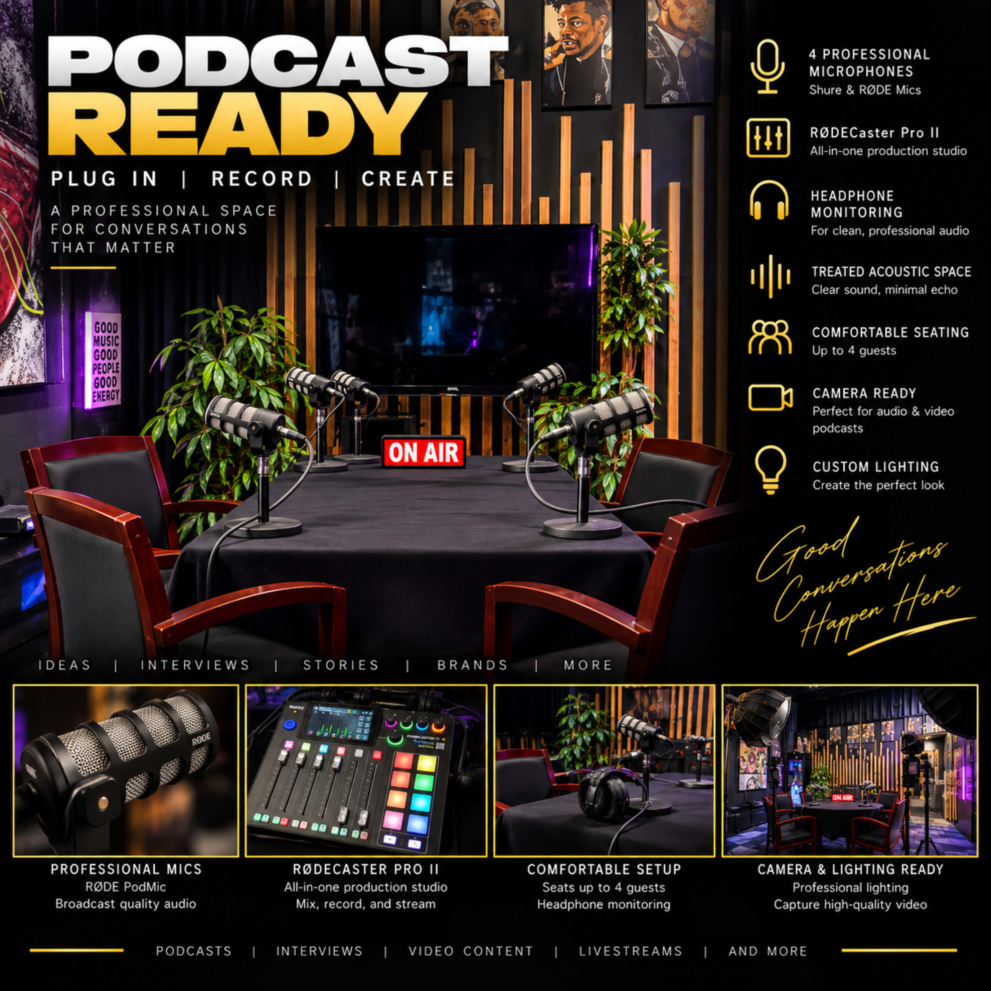 The image showcases a modern podcasting studio with multiple professional microphones, comfortable seating, and specialized lighting in a stylish, sound-treated environment.