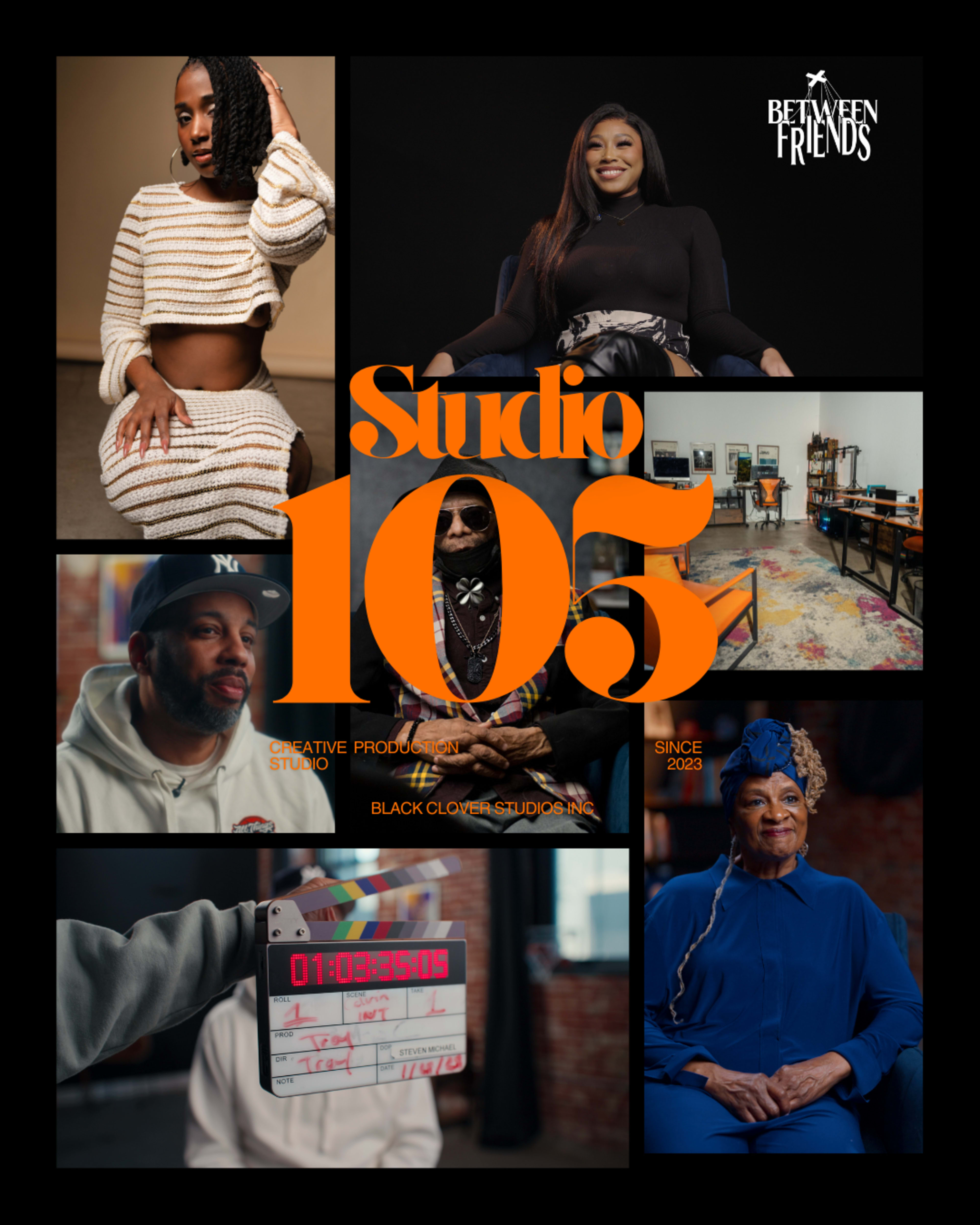 The image features a collage of individuals posing and working in a creative studio environment, labeled "Studio 105" with production elements and a vibrant backdrop.