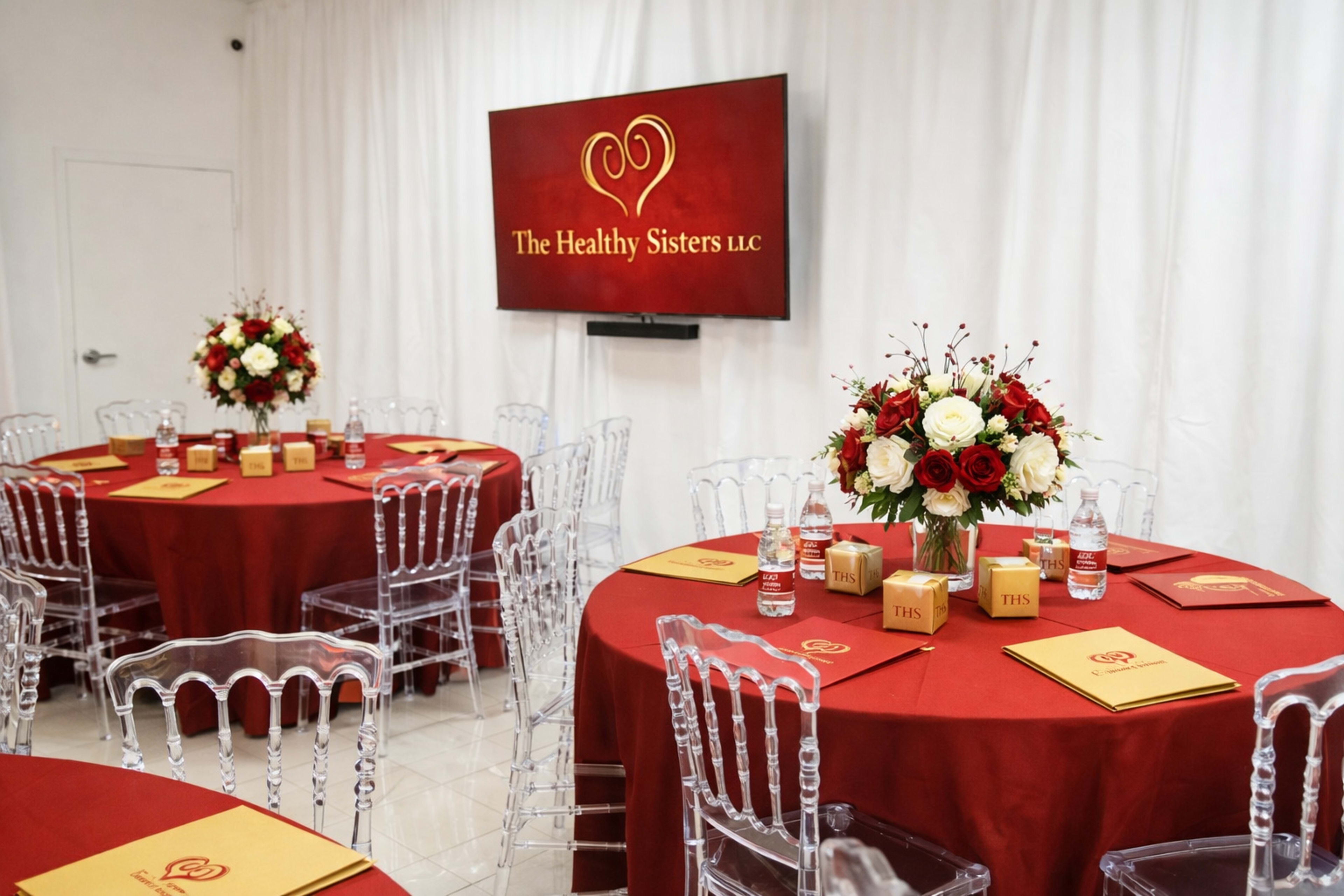 The image shows a conference room set up with round tables covered in red cloth, each adorned with floral centerpieces, water bottles, and neatly arranged place settings, alongside a screen displaying the logo of "The Healthy Sisters LLC."