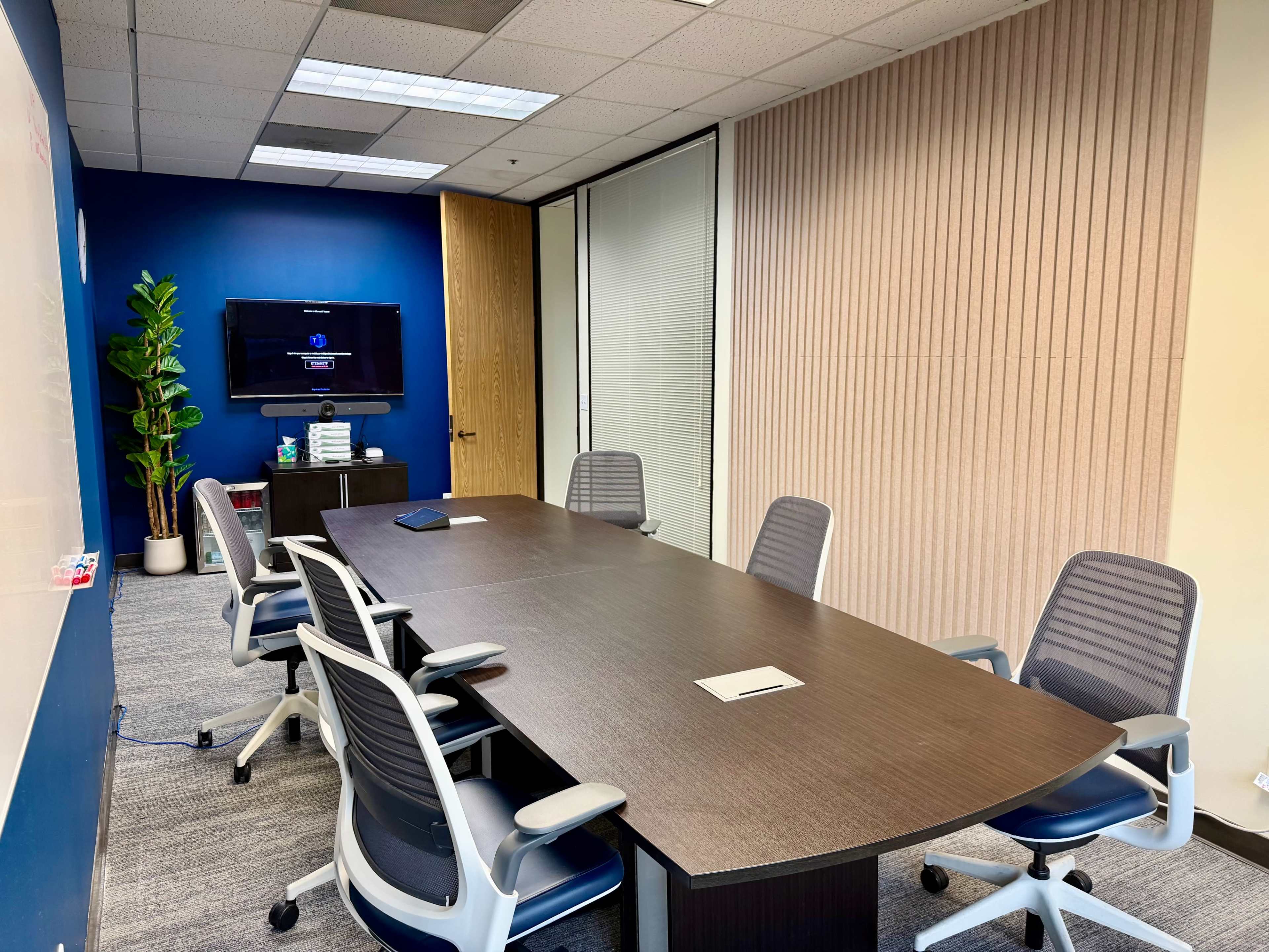 A conference room is furnished with a long table and several ergonomic chairs, featuring a television screen on the wall and a plant in the corner.
