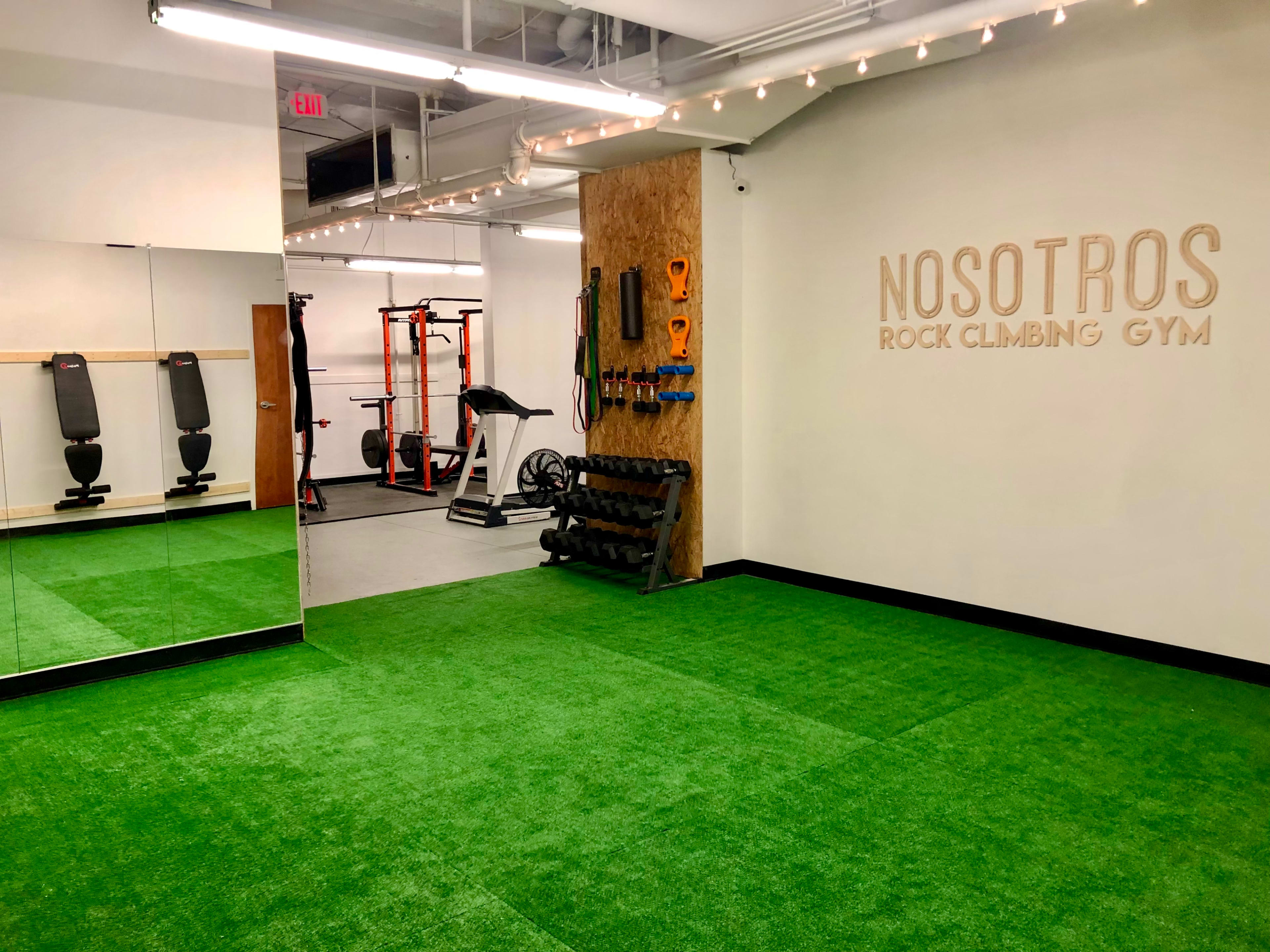An indoor gym space with a green artificial turf area, a mirrored wall, and various workout equipment, including a weight rack and a rock climbing wall.