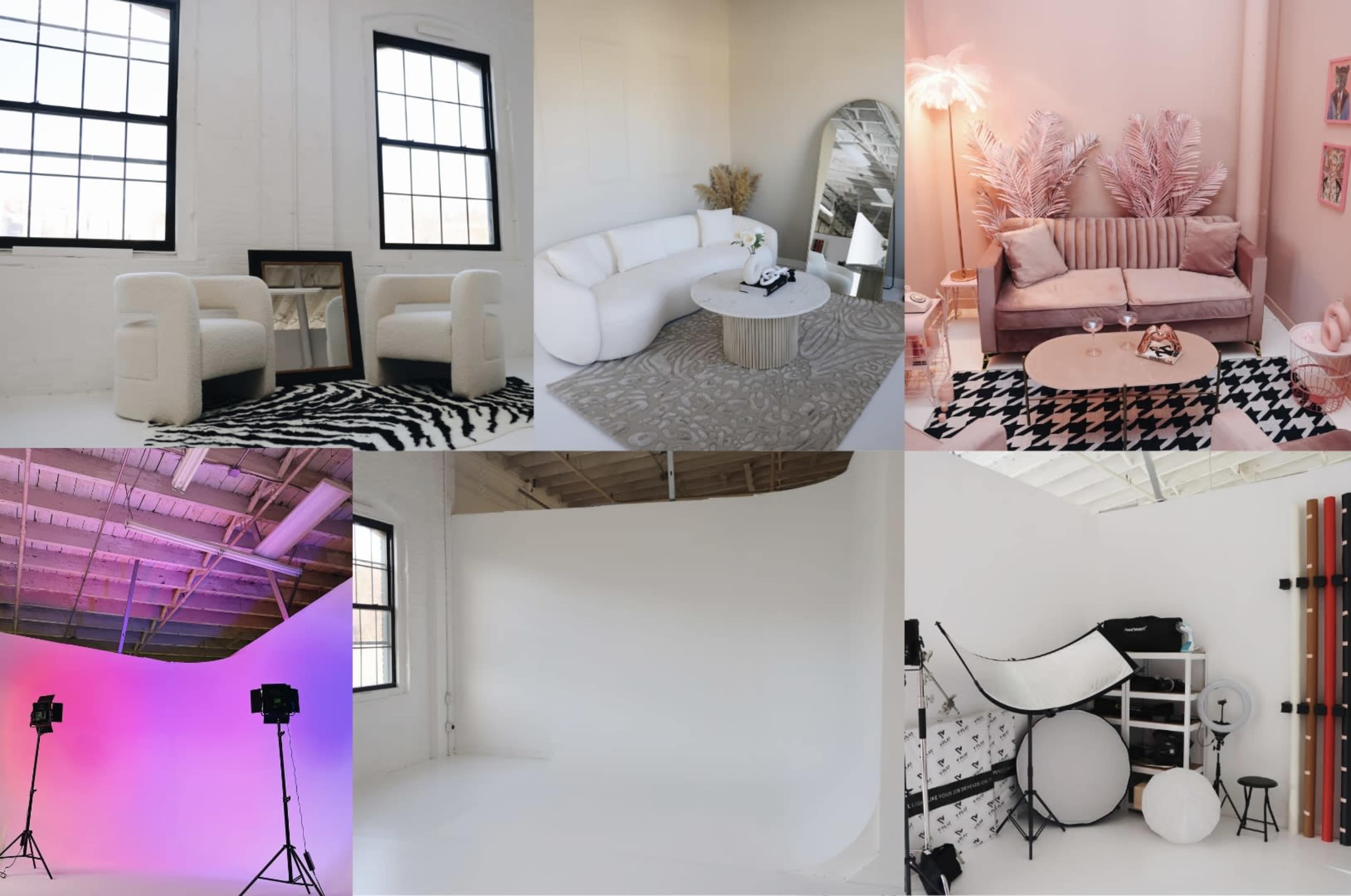 A collage of several interior spaces, including living areas, a photography studio with equipment, and different backgrounds for photo shoots.