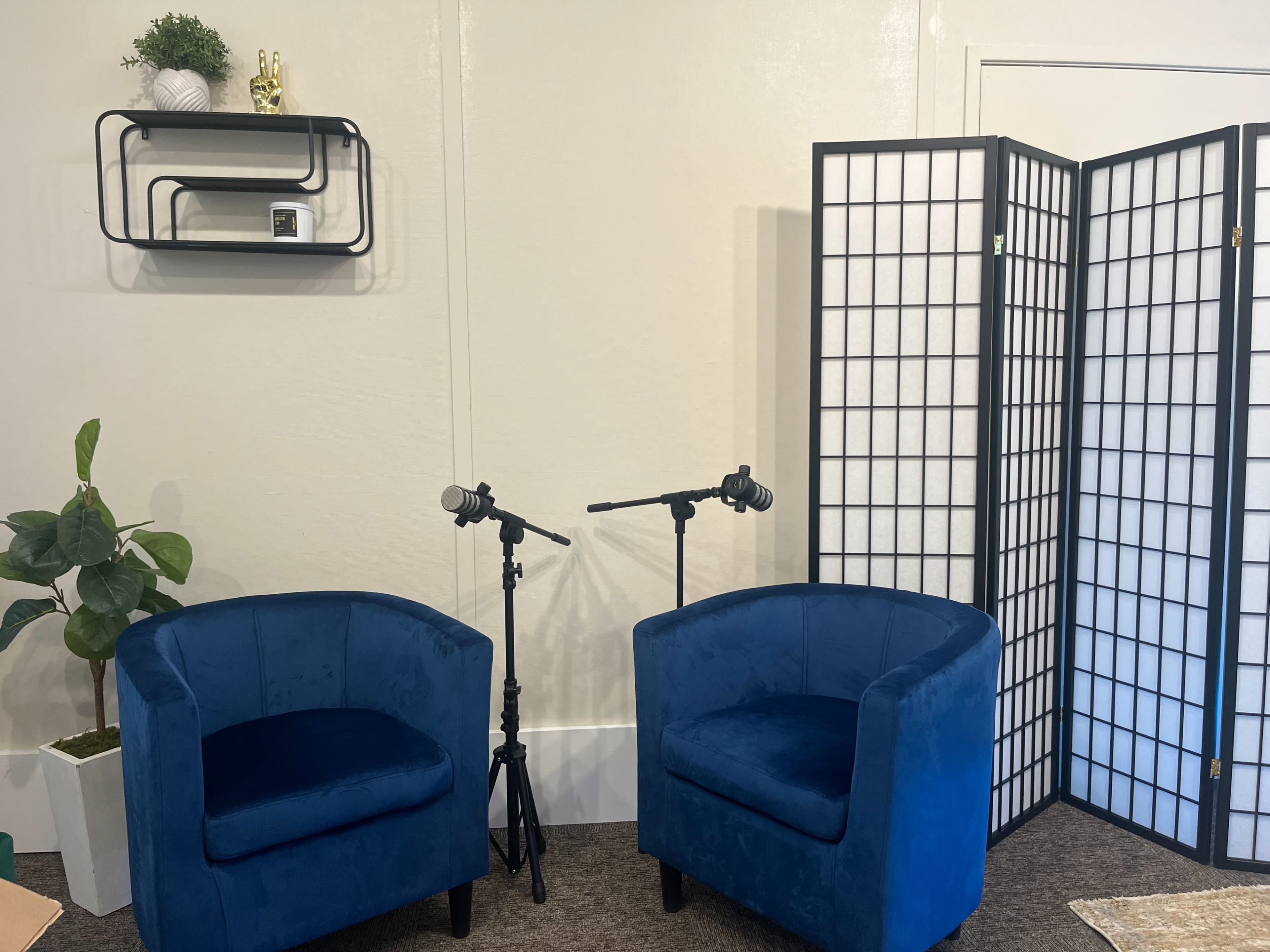 The image shows a small room featuring two blue upholstered chairs, a folding screen, and two microphones mounted on stands.