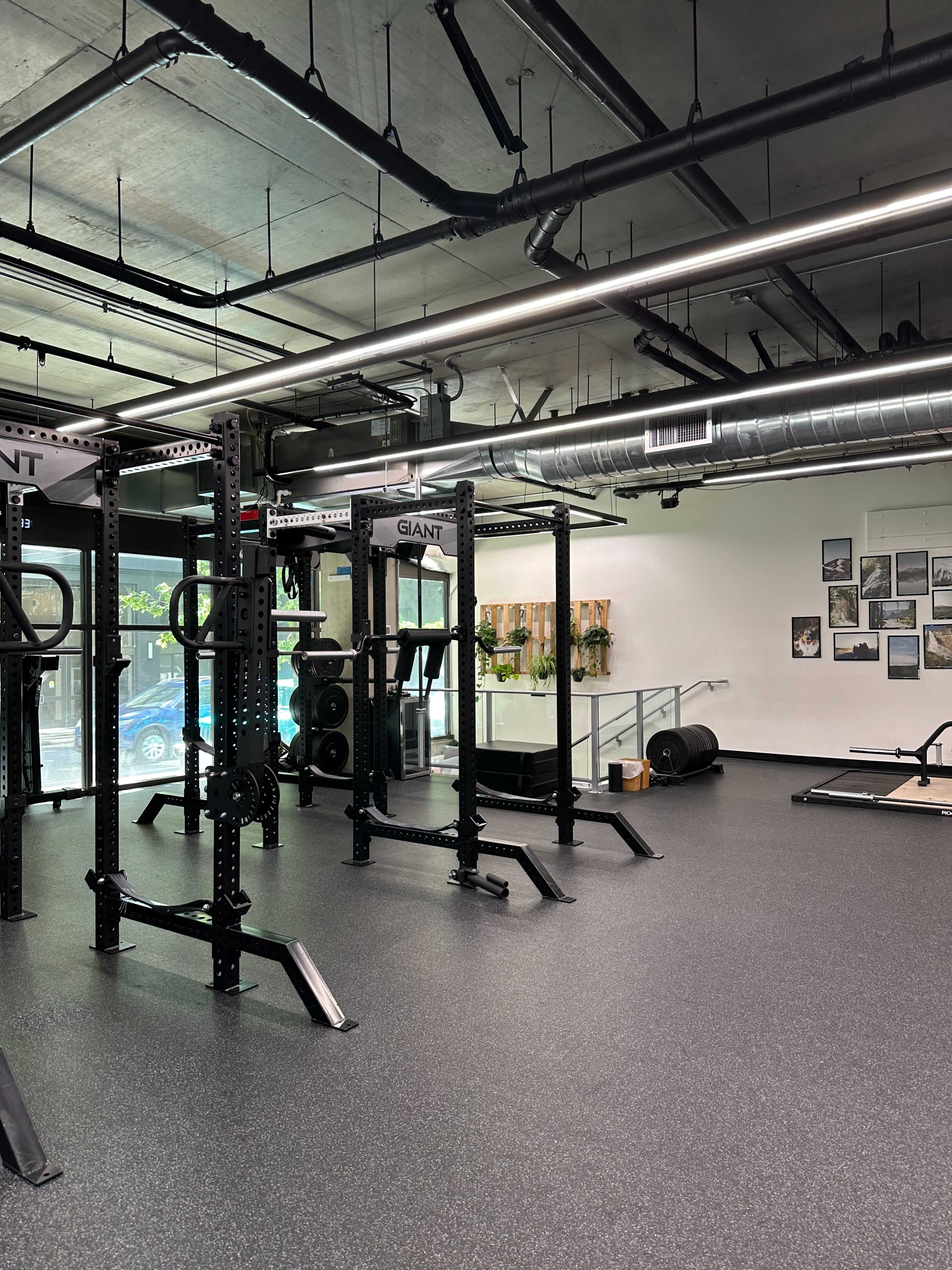 A modern gym interior with multiple black squat racks and a rubberized floor, featuring a large window and wall-mounted fitness equipment.