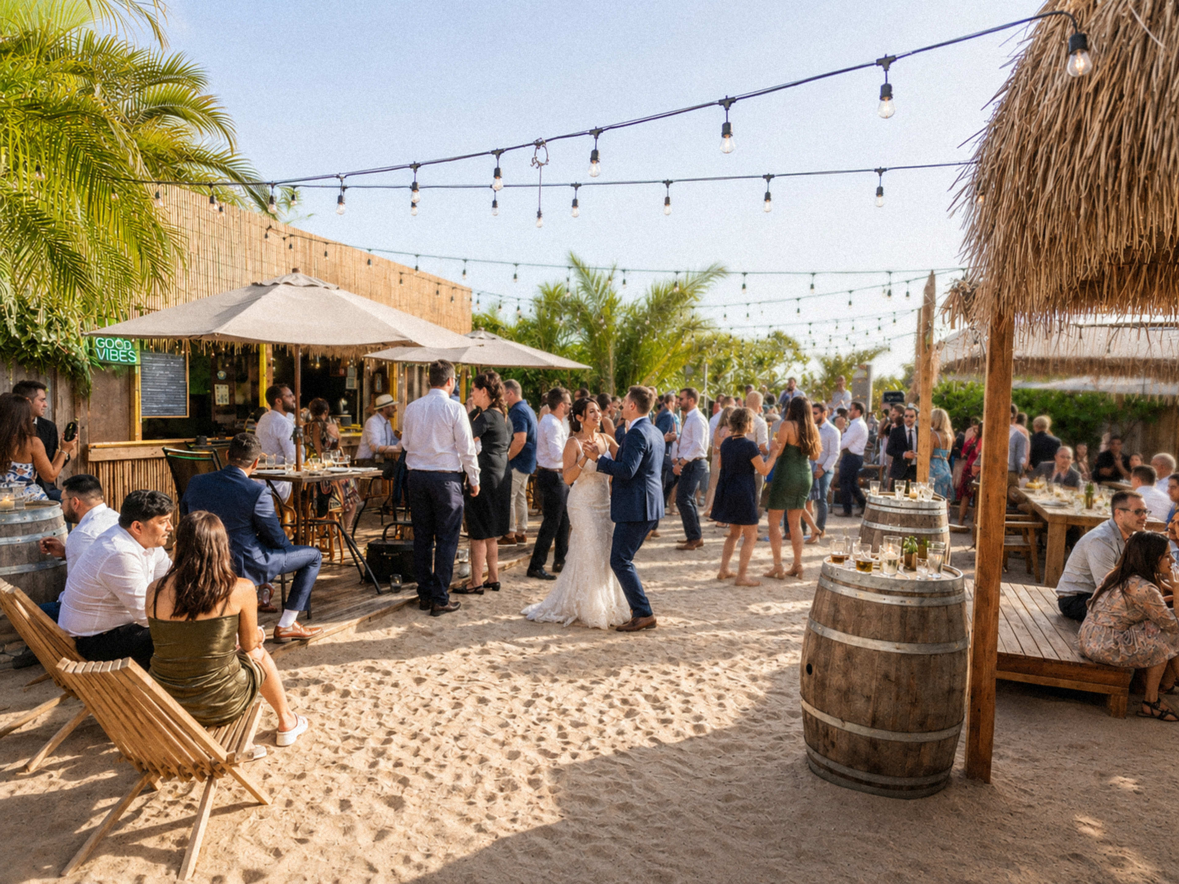 A lively outdoor wedding reception takes place on sandy ground, featuring guests mingling, dancing, and seated at various tables under string lights and palm trees.