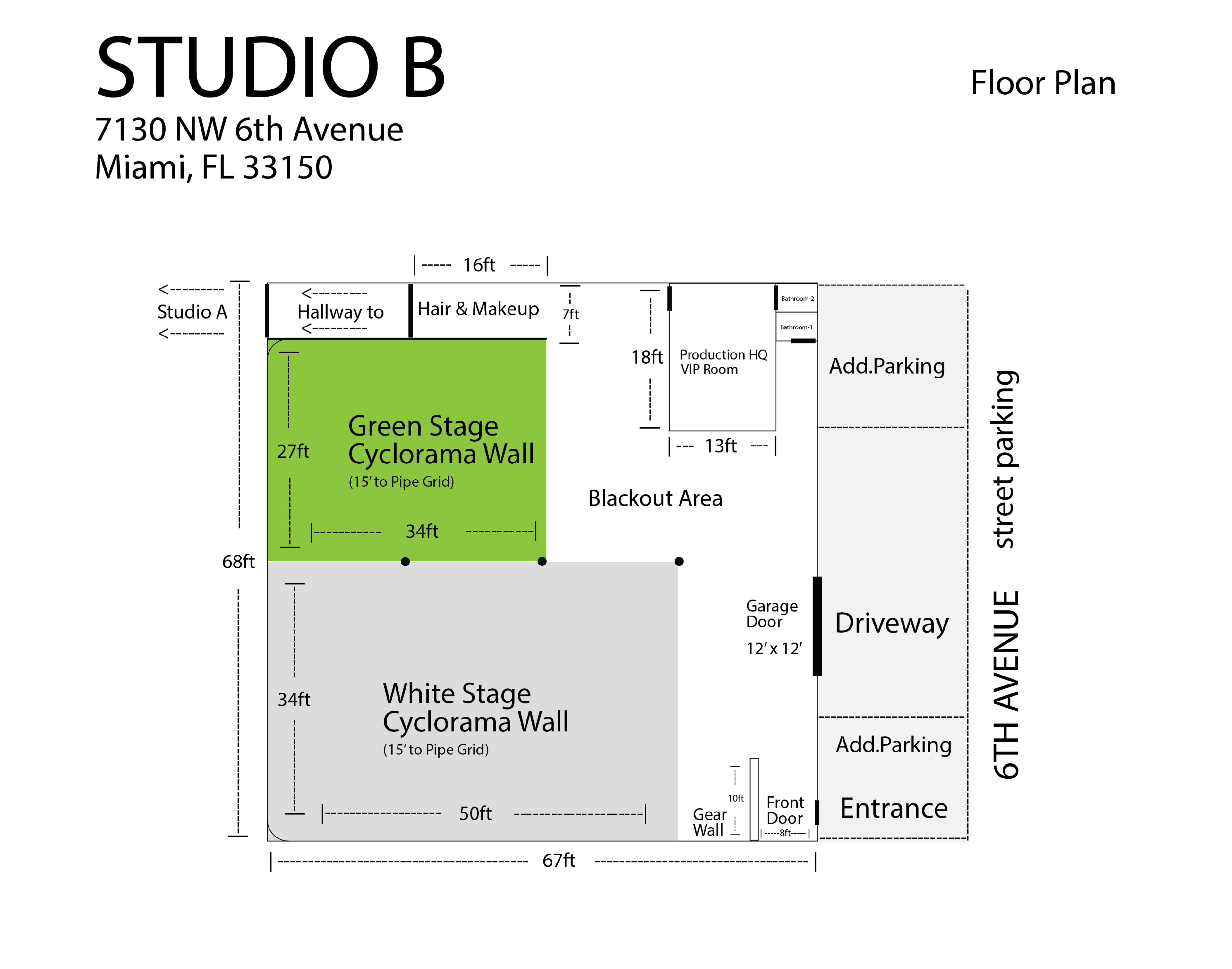 The floor plan for Studio B includes designated areas for a Green Stage Cyclorama Wall, White Stage Cyclorama Wall, production HQ, and parking, with dimensions labeled for each section.