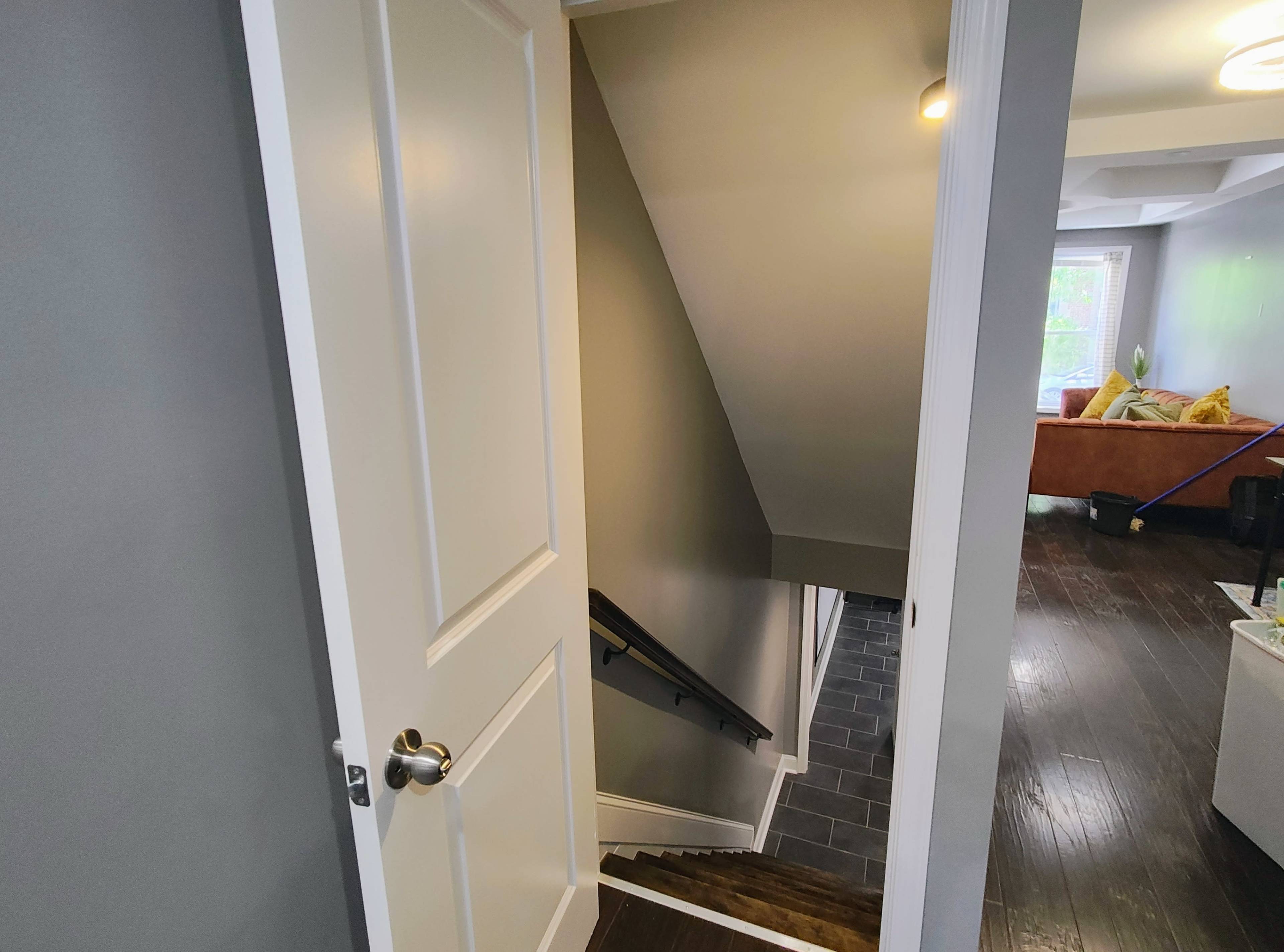 The image shows a closed white door leading to a staircase that descends into a dimly lit area with dark flooring.