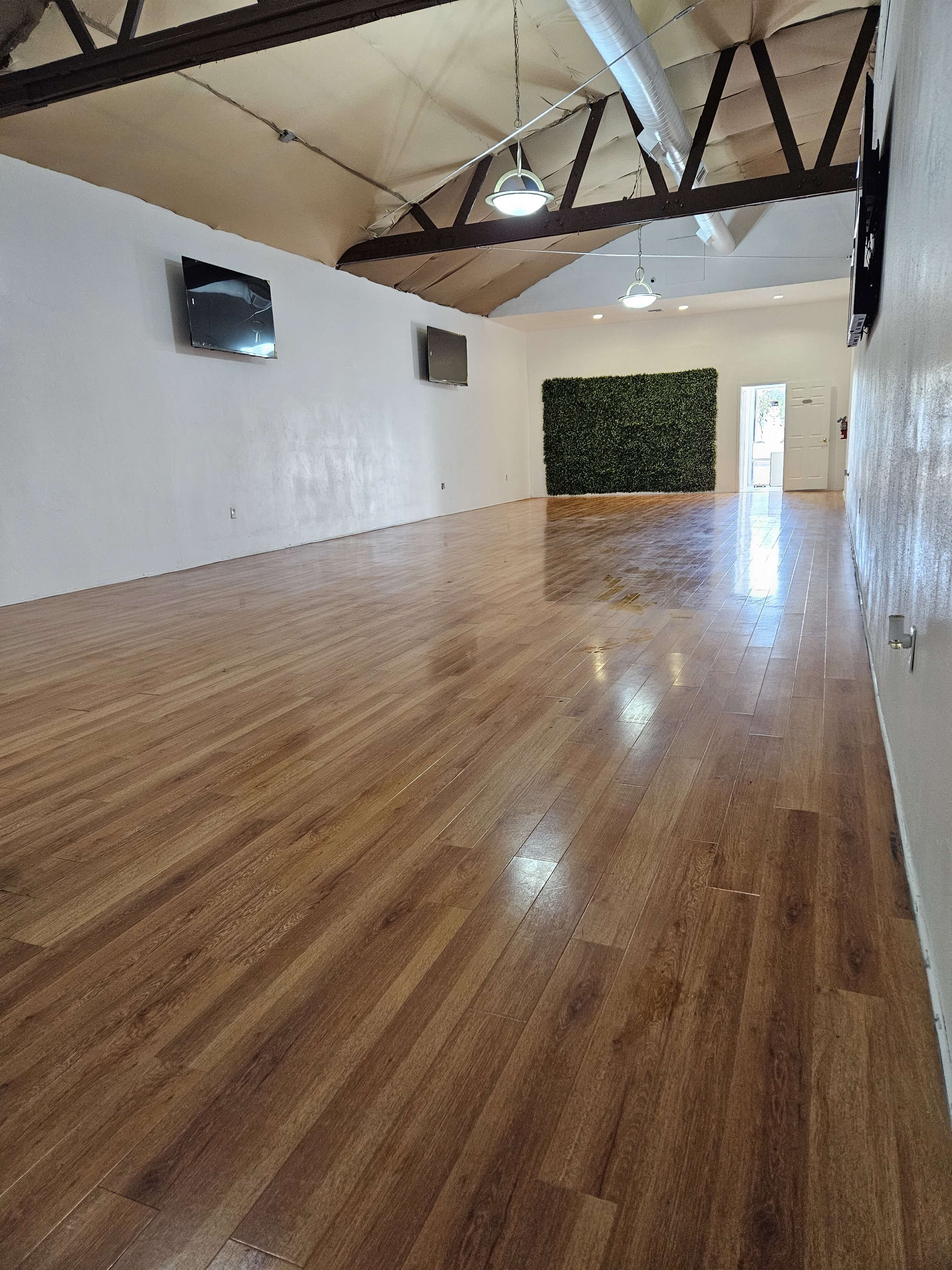 The image shows a spacious, empty room with hardwood floors, equipped with two televisions mounted on the walls and a green plant wall feature at one end.