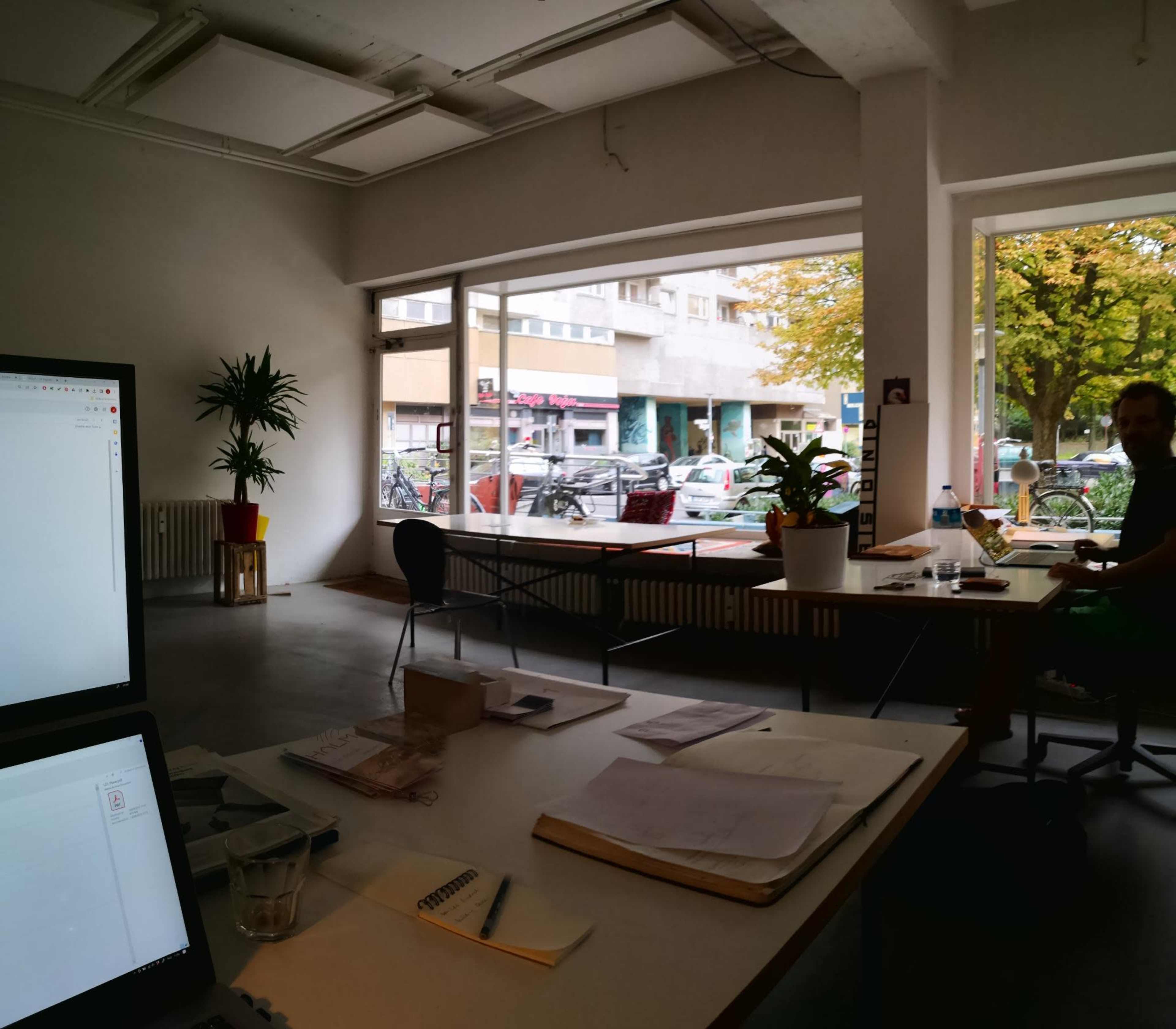 An open office space features desks with laptops and plants, overlooking a street with bicycles and parked cars outside.