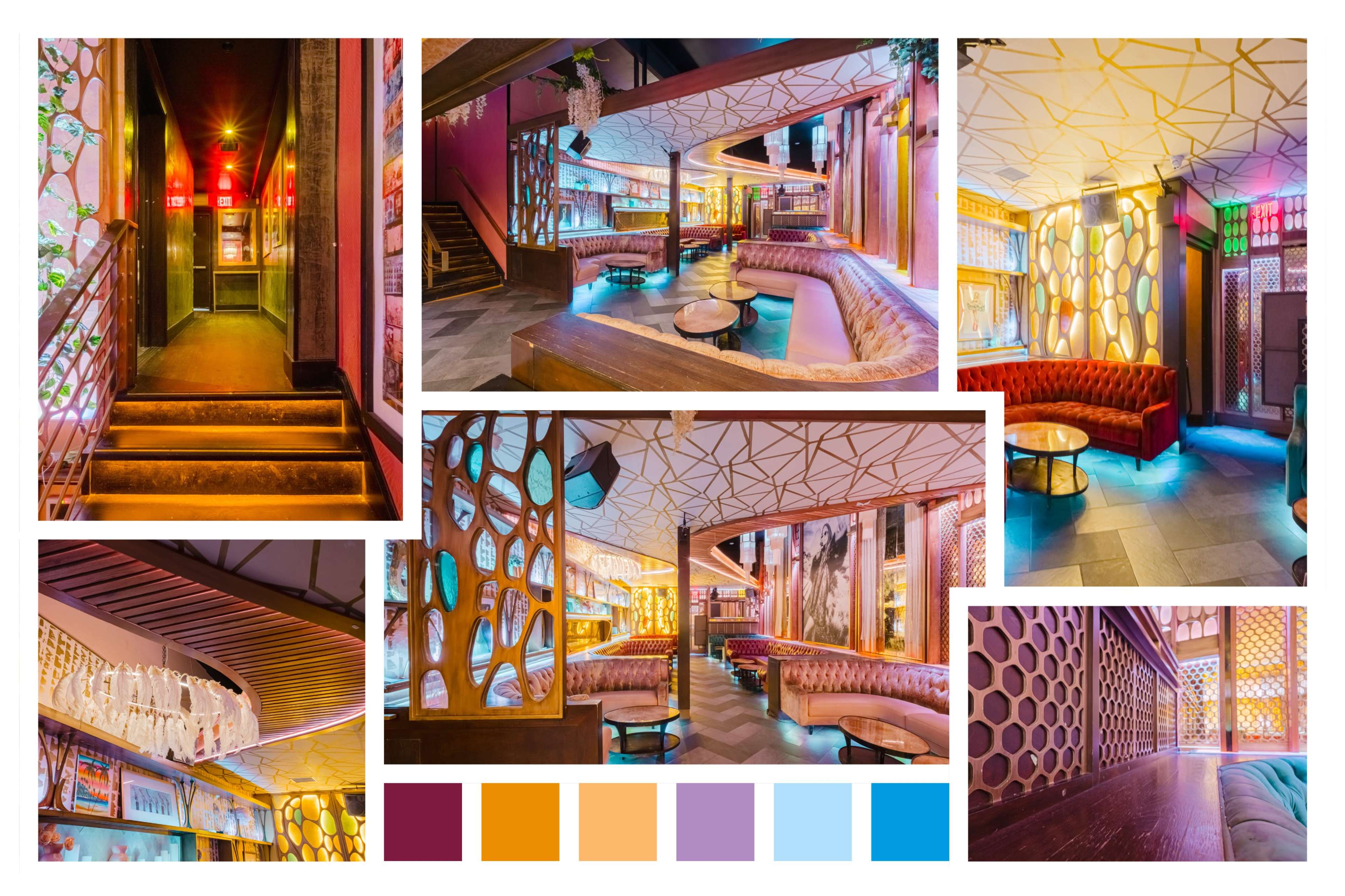 A vibrant, modern lounge with colorful lighting, unique geometric wall designs, and various seating arrangements.